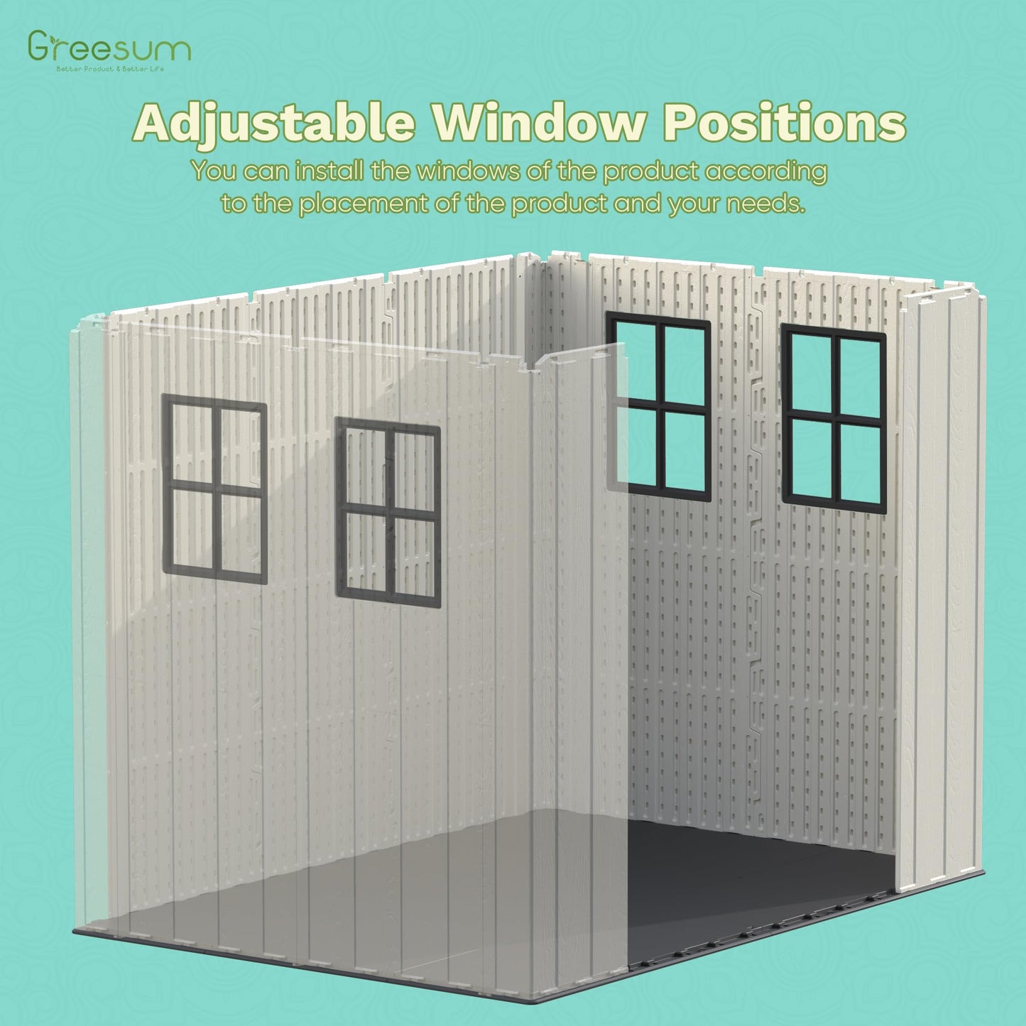 Greesum 8×6 FT Plastic Outdoor Storage Shed with Floor, Resin Sheds with Window and Lockable Door, Weather Resistant Organization, Easy Assemble for Garden, Lawn, Pool Supplies, Beige