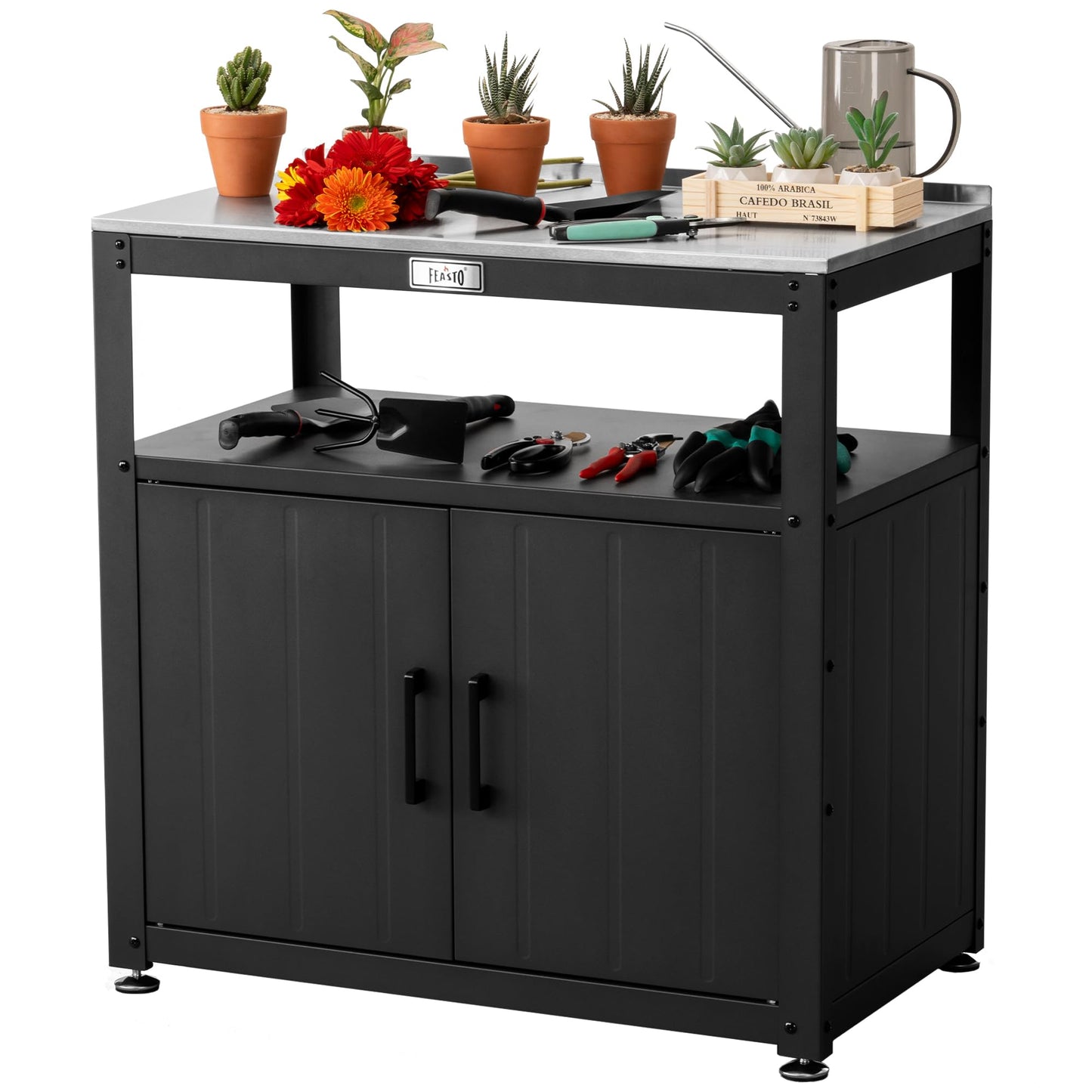 Feasto Garden Potting Bench with Storage, Outdoor Potting Table & Garden Work Bench for Plants, Horticulture, Outdoor Potting Station with Stainless Steel Tabletop, Outdoor Work Table
