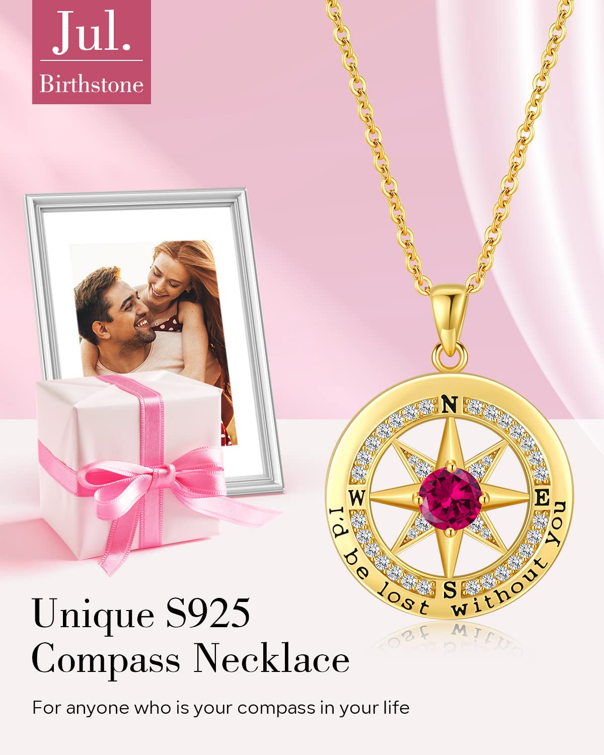 S925 Necklace Gift for Wife |Compass Jewelry |Women Anniversary |Sterling Silver |Girlfriend Birthday Necklaces for Her Valentines |I'd be Lost without You |Jewel 18K Gold July 07