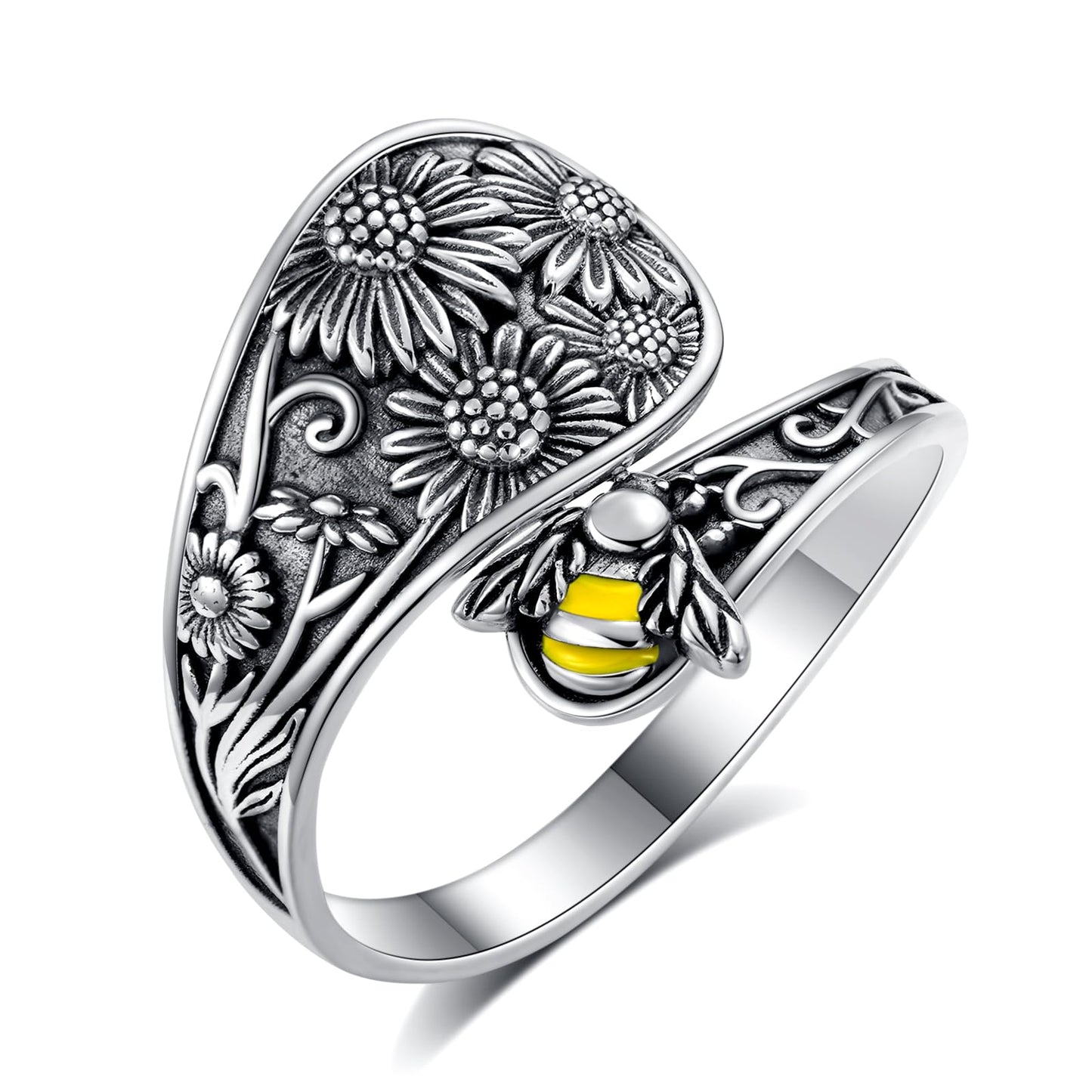 Midari Sunflower Bee Spoon Ring 925 Sterling Silver Sunflower Ring Bee Ring for Women Spoon Rings Adjustable Ring Flower Animal Jewelry Birthday Christmas Gifts for Women Daughter Wife