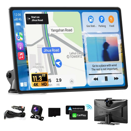 Largest 11.3" Portable Apple Carplay Screen, Wireless Car Play & Android Auto Touch Screen, Car Stereo with App View/4K Dash Cam/Backup Camera/Mirror Link/Voice Control/Music Play/GPS/Bluetooth/FM