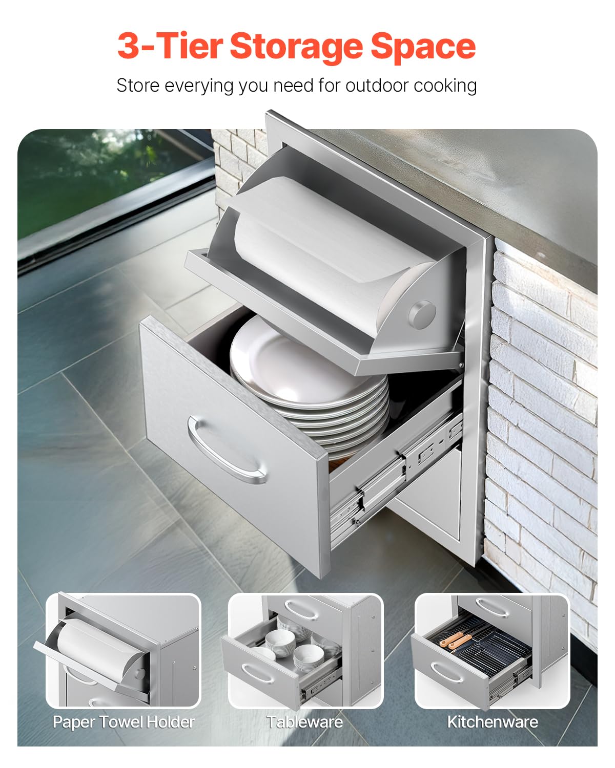 VEVOR Outdoor Kitchen Drawers, 16.5" W x 29" H x 20.5" D Triple Access Drawers, Stainless Steel Flush Mount Cabinets, BBQ Island Storage with Paper Towel Holder & Handle, for Patio Grill Station