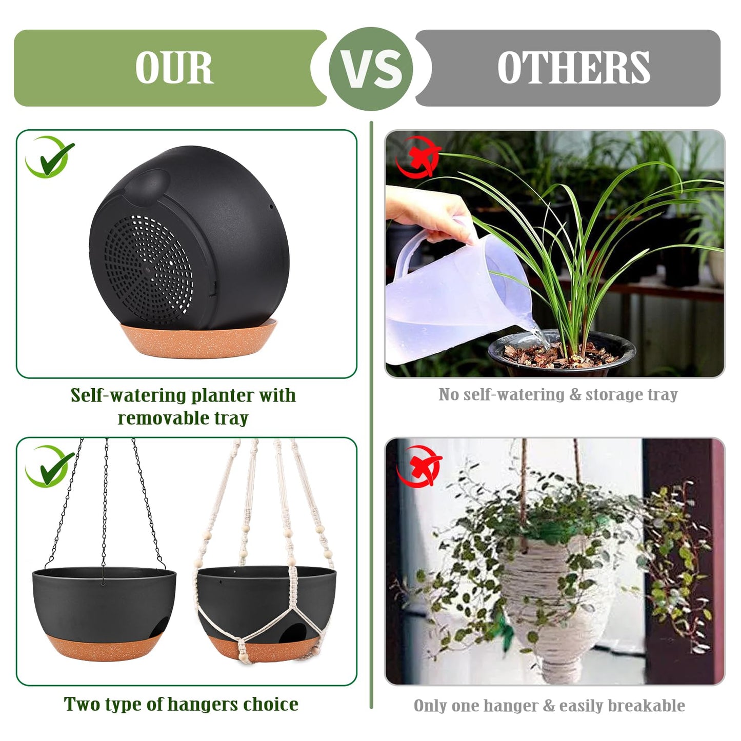 Lucieblessdesign Hanging Planters for Outdoor Indoor Plants, 2 Pack 10 Inch Hanging Basket Plants Outdoor, Self Watering Hanging Planter with Plant Hanger for Garden Home Decoration (Black, 10 inch)