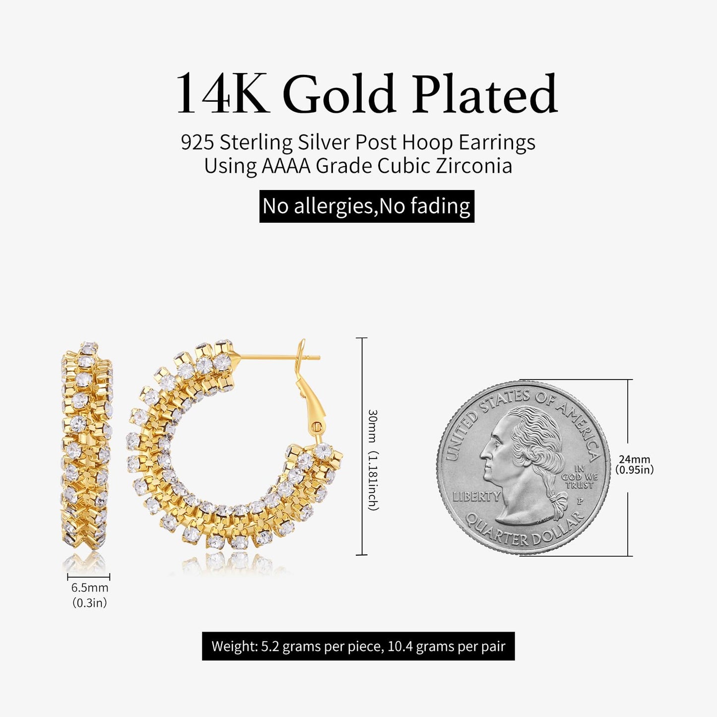 SayovatBek 14K Gold Plated 25–35mm Lightweight Hoop Earrings for Women, Cubic Zirconia, 925 Sterling Silver Post, Hypoallergenic Jewelry