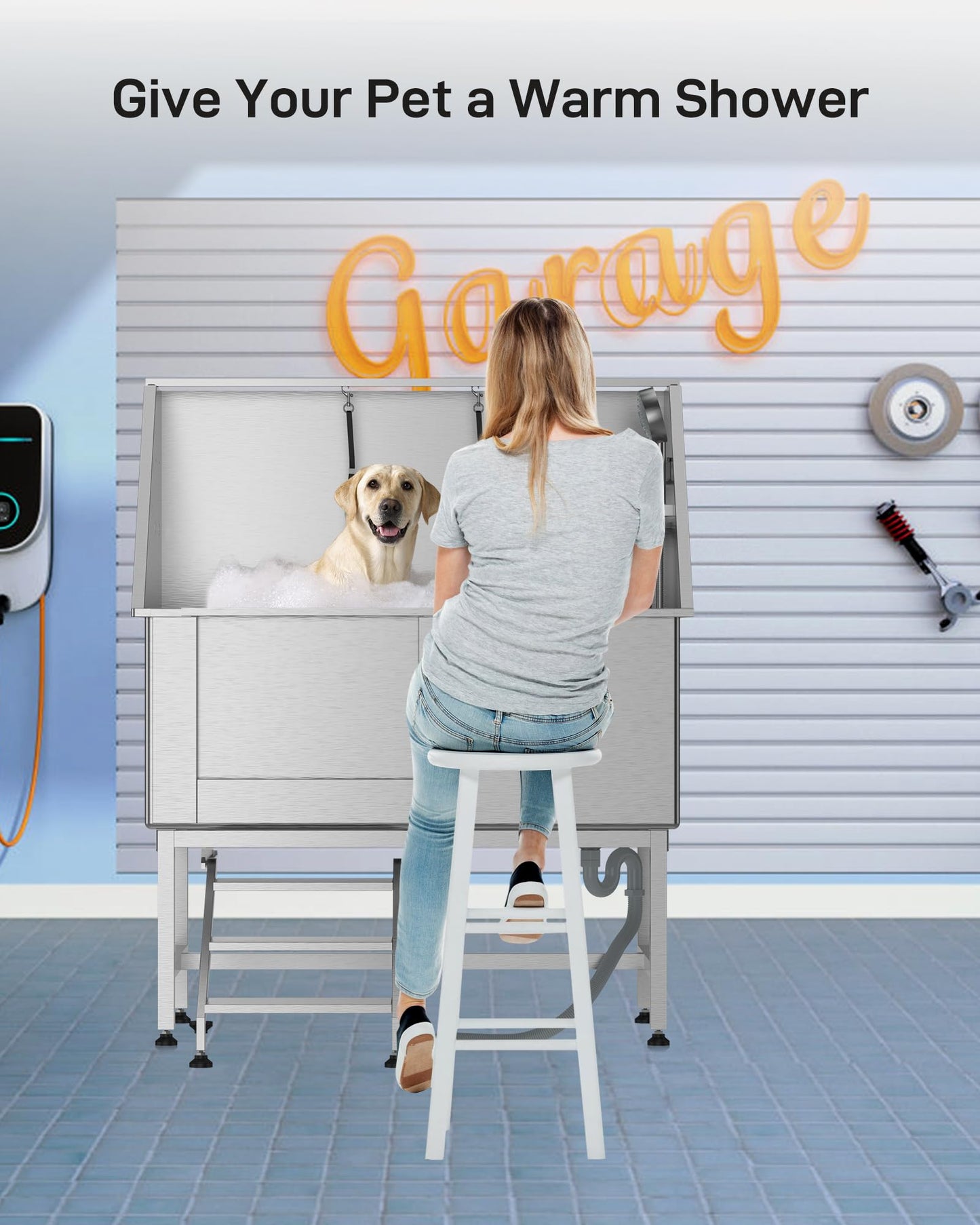DEXSO 50" Stainless Steel Dog Grooming Bathtub, Professional Bathing Station for Large Pets, Dog Bathtub with Faucet, Sprayer, Drain, Left Sliding Door & Retractable Stairs for Home