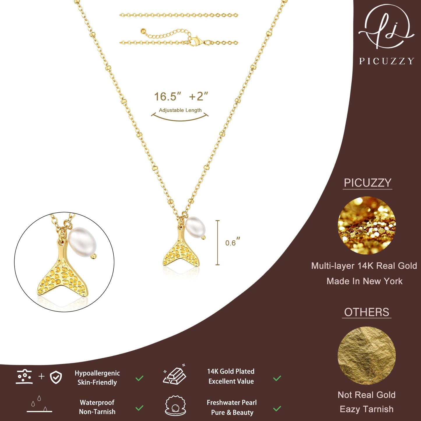 Picuzzy 14K Gold Plated Fish Pendant Necklace for Women Trendy, Sea Fish Tail Beach Necklace Ocean Coastal Tropical Nautical Vacation Summer Jewelry Pearl Accessories for Women