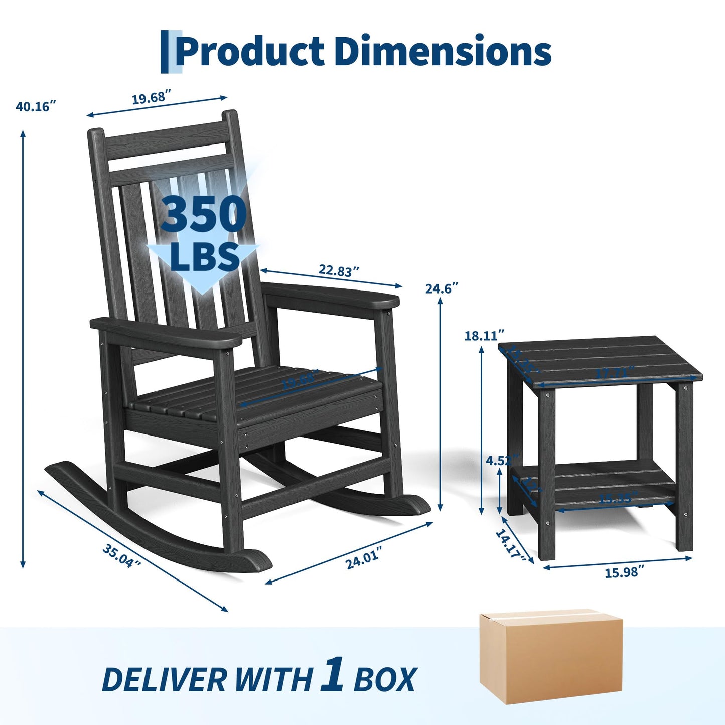 Garvee HDPE Rocking Chair Outdoor Set of 2 with Side Table - Poly High Back Porch Rocker Chairs for Adults - All Weather Resistant Furniture for Patio Front Porch - Black