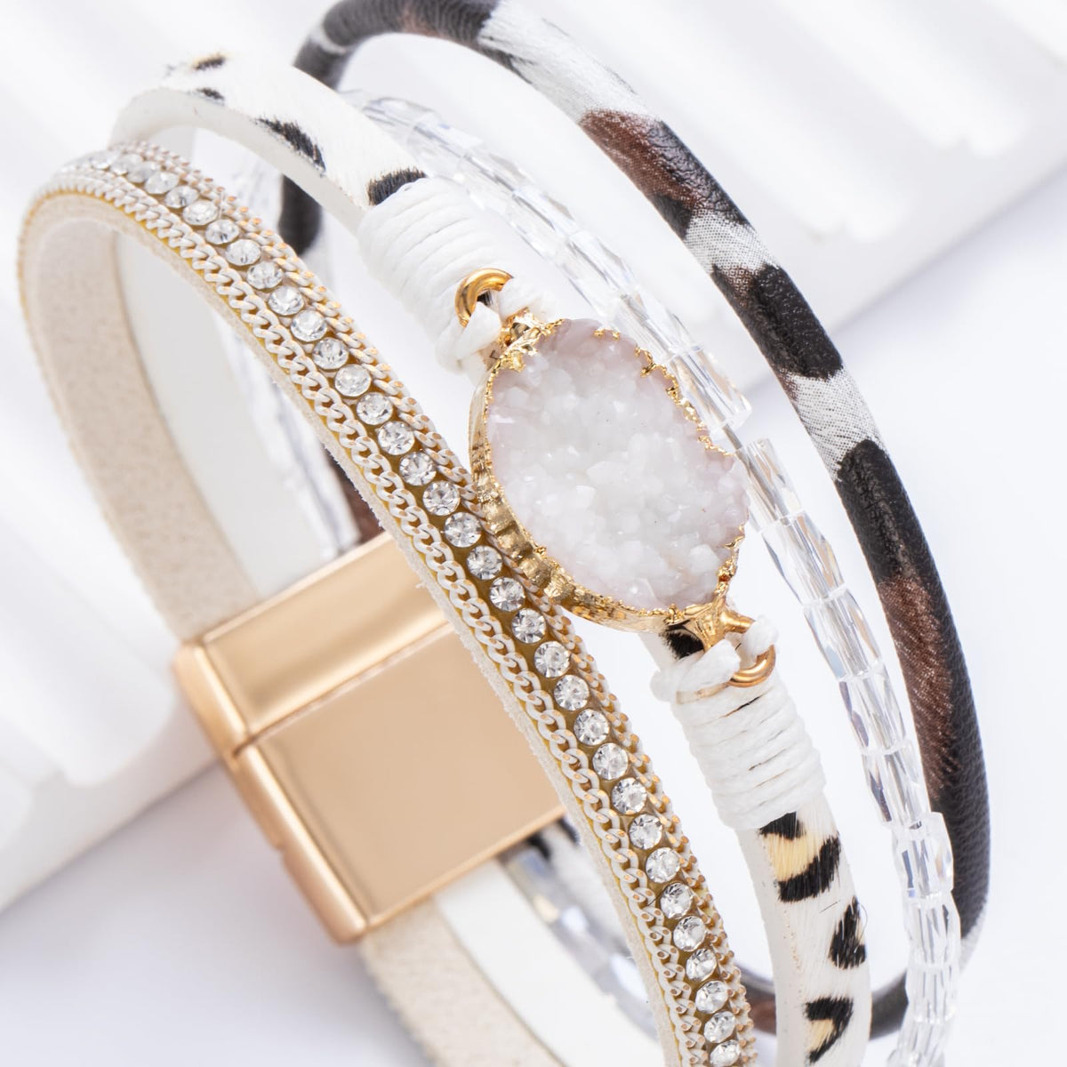 FANCY SHINY Boho Leather Wrap Bracelet Stackable Chunky Crystal Cuff Bracelets with Magnetic Clasp Cowboy Cowgirl Western Summer Beach Outfits Jewelry Gifts for Women (7.7", White Leopard)