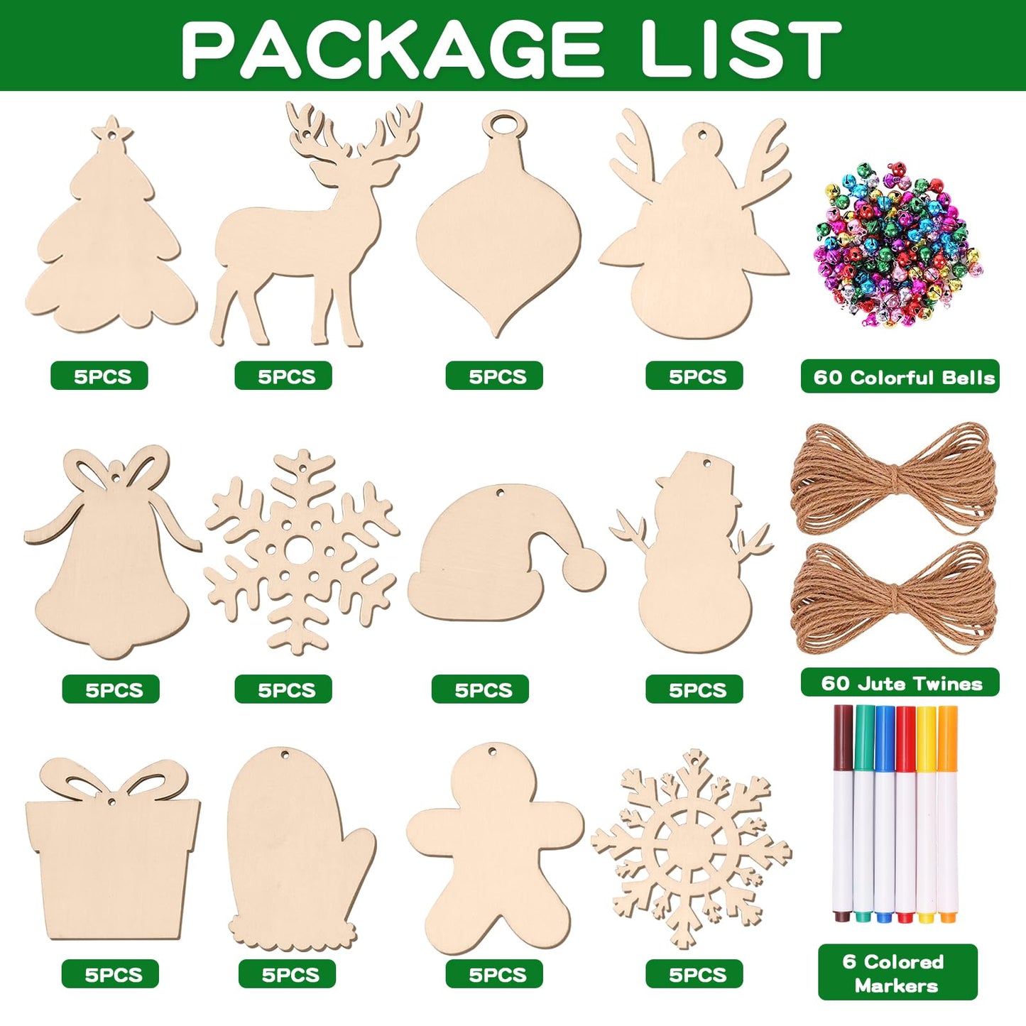 Max Fun 60Pcs Christmas Wooden Ornaments Unfinished Predrilled Wood Slices Circles for Crafts Xmas Holiday Hanging Decoration in 12 Shapes