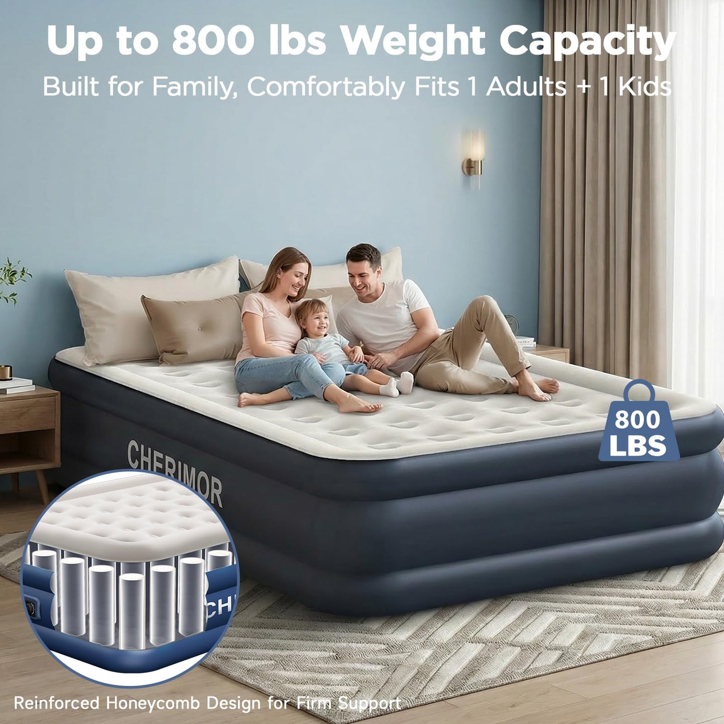CHERIMOR Queen Air Mattress with Built in Pump, 18" Elevated Height, 48Hr Leak-Tested, Honeycomb Coil Support, 800 lbs Capacity, Fast 3-Min Inflation Blow Up Mattress for Guest Room & Sleepover
