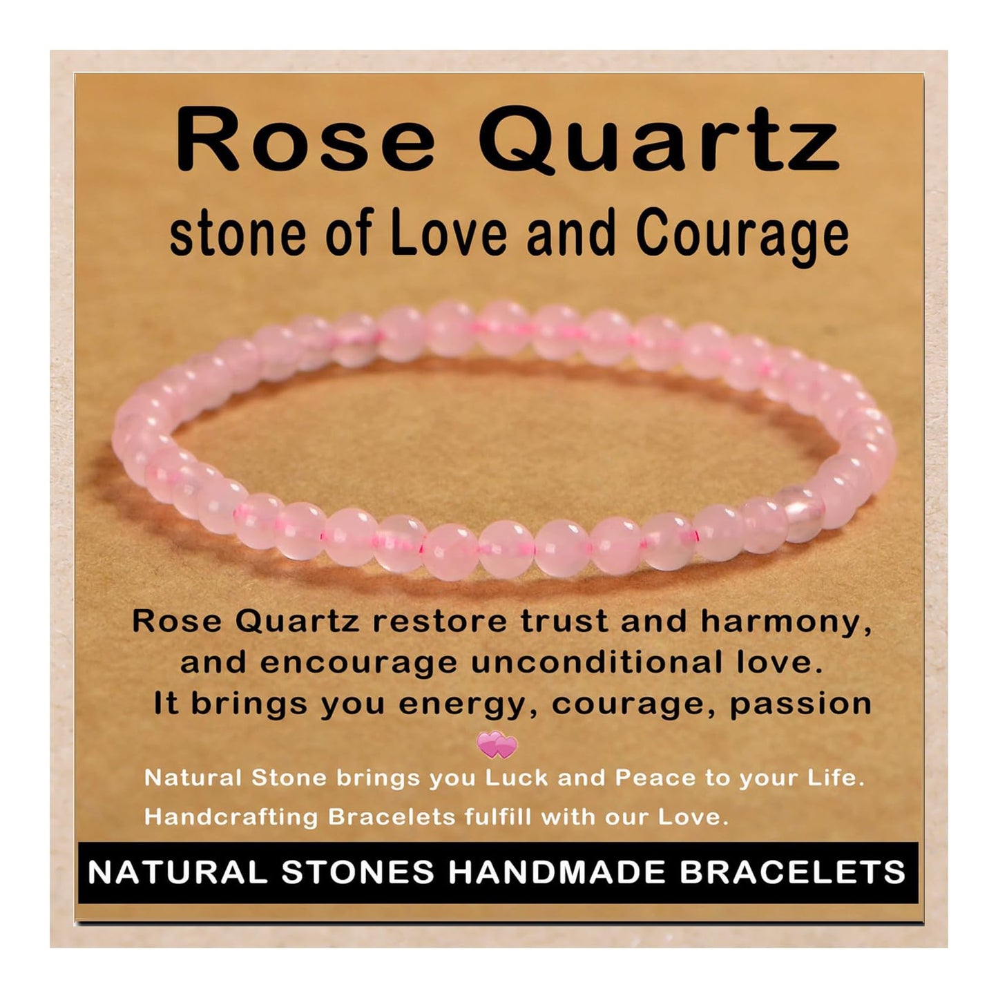 AD Beads Handmade Gemstone Stretch Elastic Bracelet Crystal Healing Reiki Nature's Beauty and Spiritual Essence Unisex (4mm, Rose Quartz)