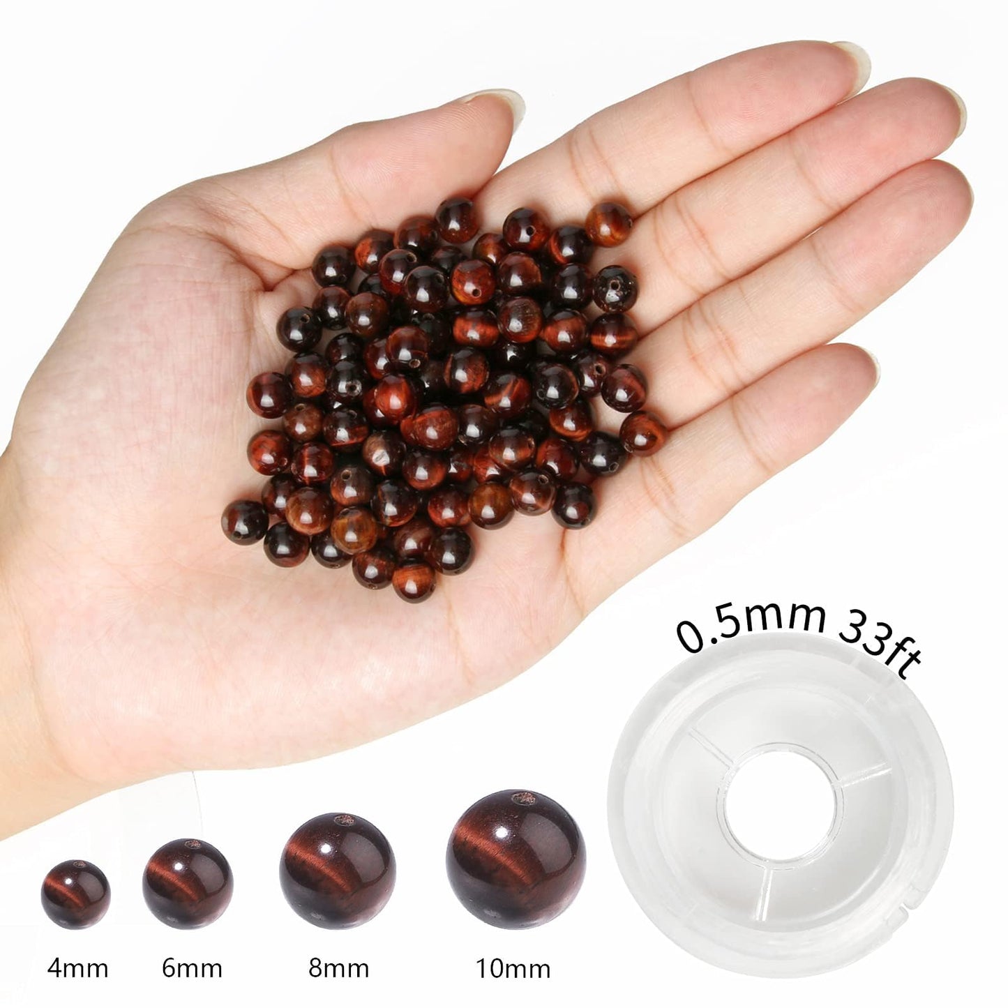 NITOPUPU 100Pcs 10mm Natural Smooth Red Tiger Eye Gemstone Beads Round Loose Stone Beads for Jewerly Making with Crystal Stretch Cord