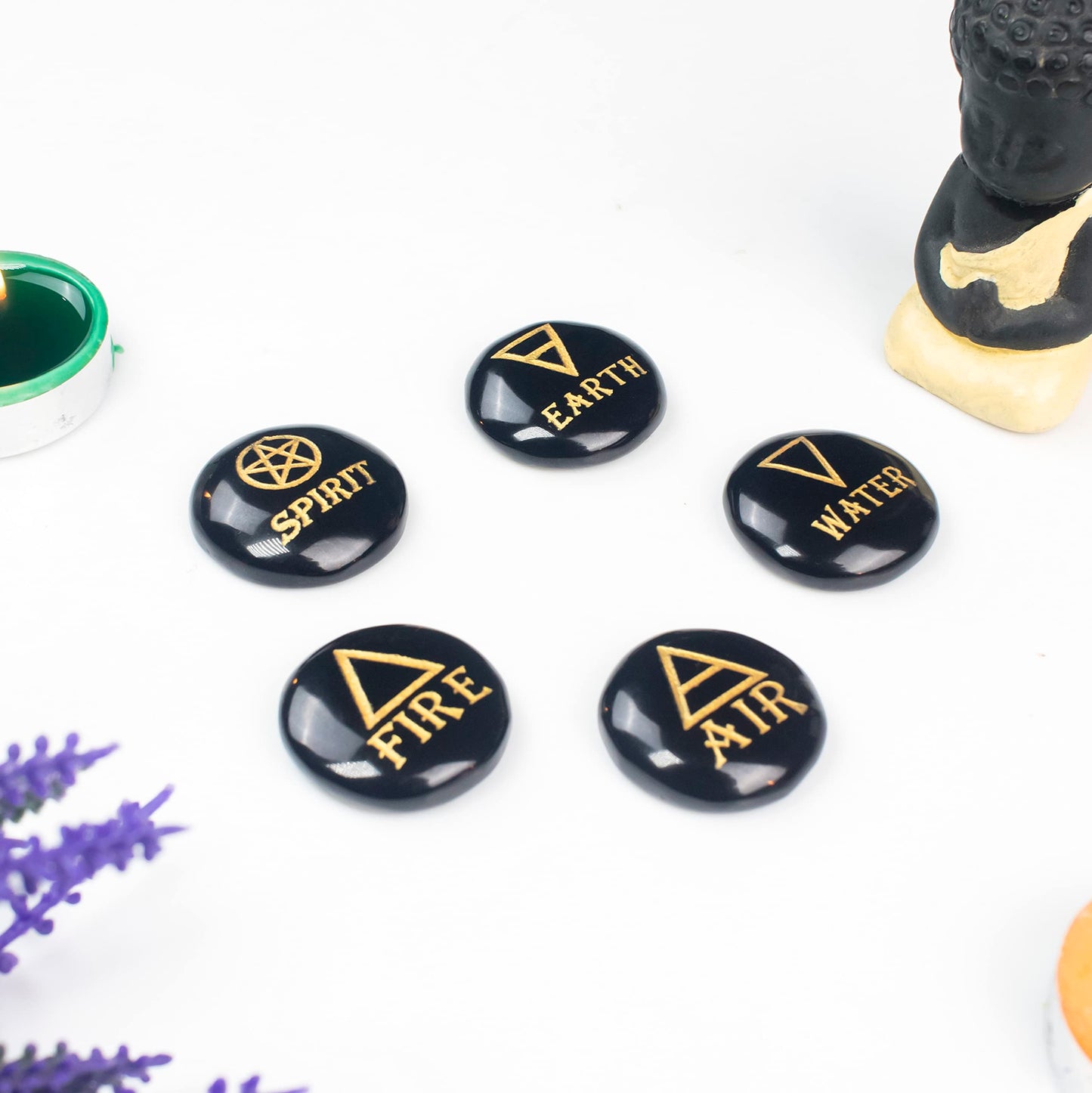 Crocon 5 Elements Black Tourmaline Stones Round Shape Engraved Triangle Symbols (Earth Air Fire Water Spirit) Polished Palm Stones Gemstone Reiki Crystals Healing Stones Meditation Divination Gifts
