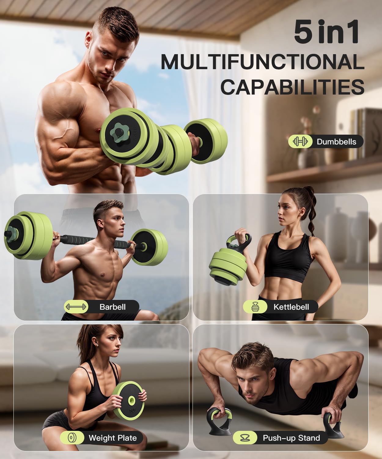 Adjustable Dumbbell Set 22/42/62LBS, 5-in-1 Free Weight Set Used as Dumbbell，Kettlebell,Barbell, Push-Up Stand,Fitness Exercises for Home Gym Suitable Men/Women