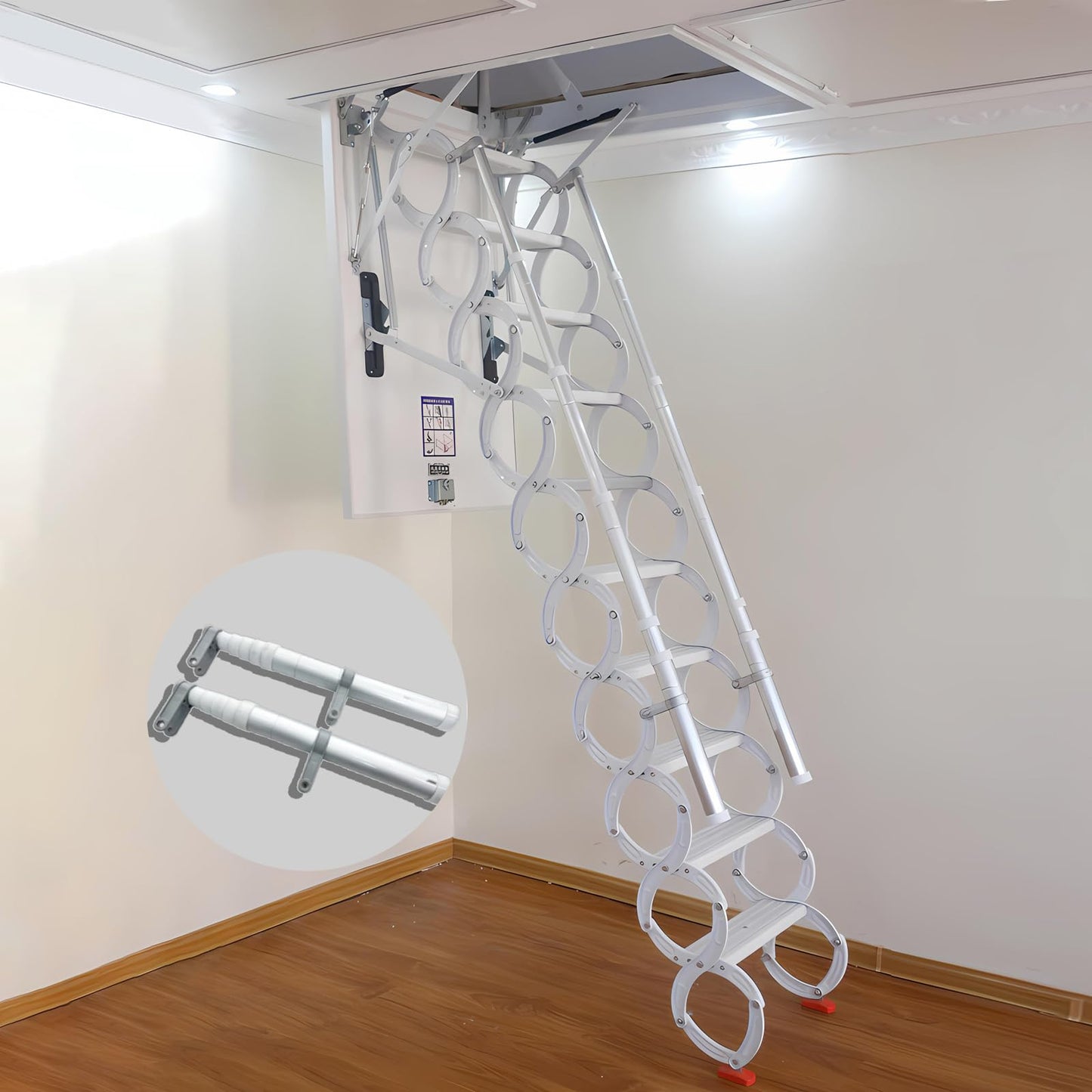 Ceiling Mount Attic Ladder, Retractable Attic Ladder Ceiling Pull Down System, 12 Steps Folding Loft Step with Armrests, Hidden Mount Attic Extension Stairs for Garage(White, Step 12)