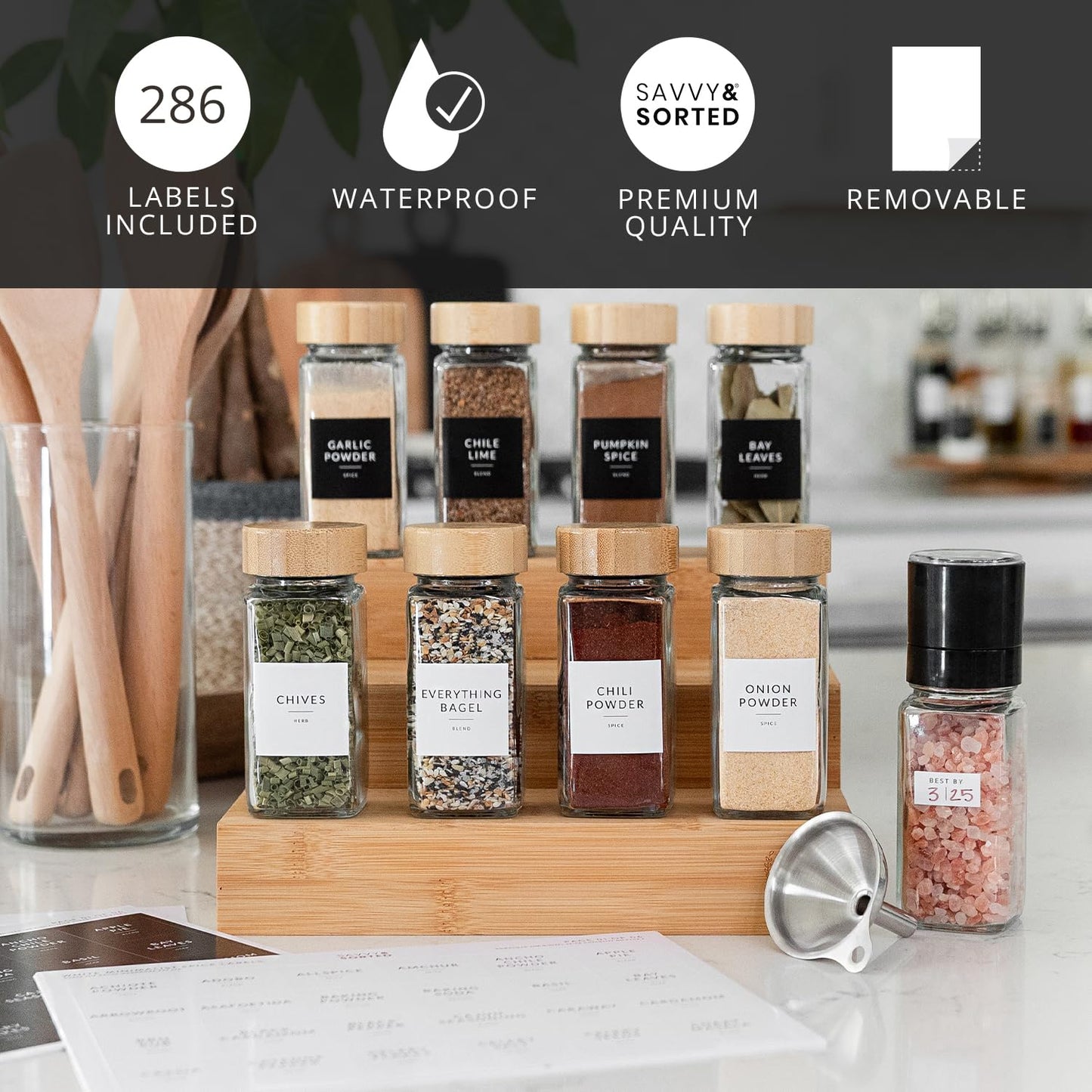 SAVVY & SORTED Glass Spice Jars with Label, 24PK Bamboo Jar Spices Set 4oz, 374 Spice Labels, Pepper Grinder, Empty Herb Seasoning Containers, Funnel and Shaker Lids