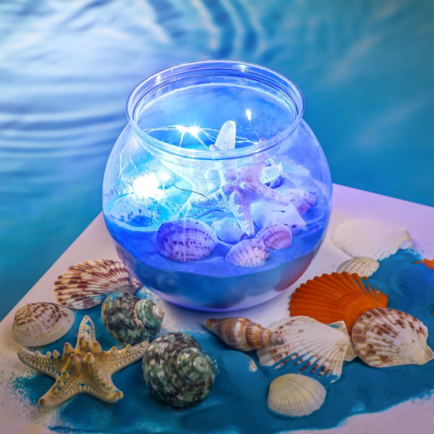 RoundFunny 12 Set 30 oz Beach Themed Party Table Centerpieces 4" Heavy Duty Round Plastic Fish Bowls Mixed Beach Natural Seashell Starfish with Blue Lights for Wedding Baby Shower Ocean Party Supplies