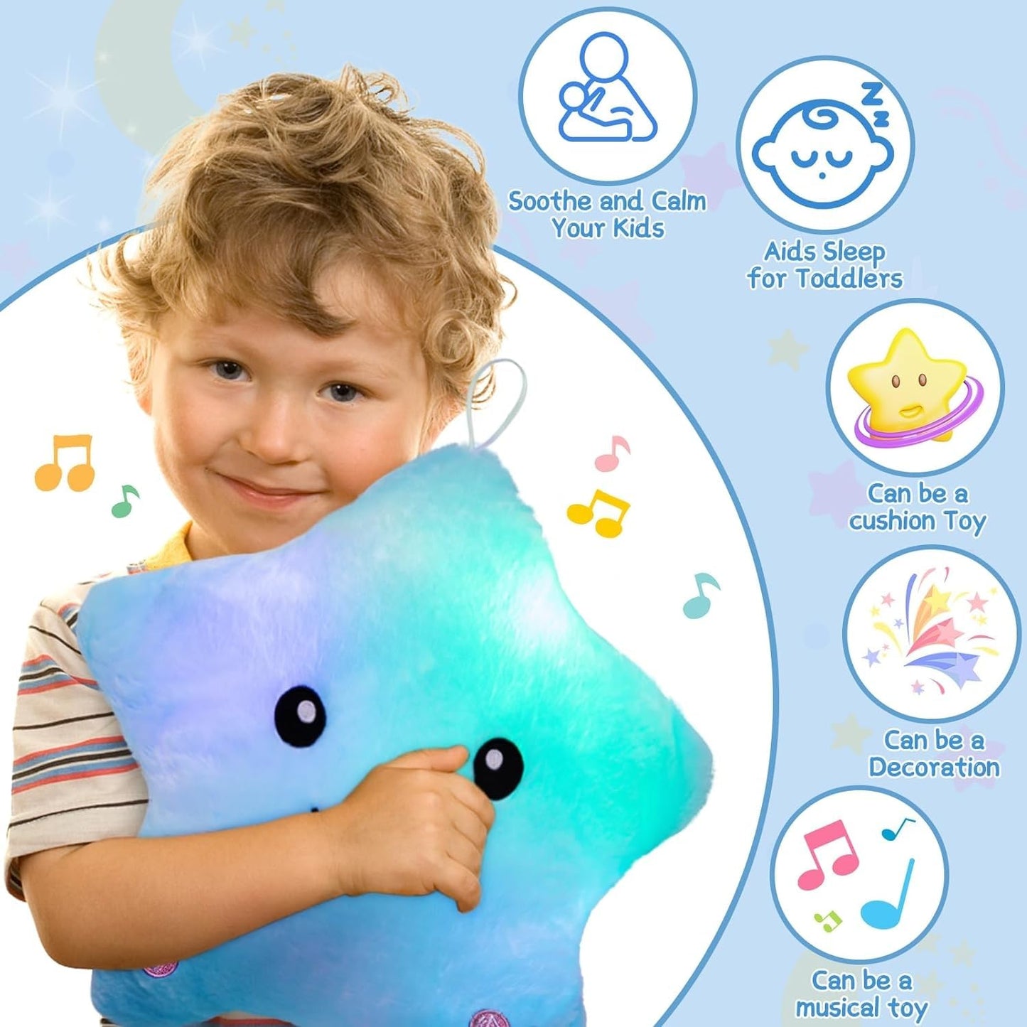 Subao Sensory Toys for Kids with Autism,14" Soft Toddler Pillow With Light &Music,Plush Star Night Light,Light Up Adhd Autism Sensory Products,Birthday Xmas Easter Gifts for Boys 3 4 5 6 7 8 9 10 Blue