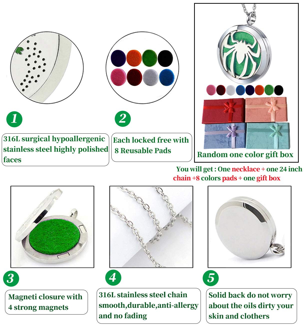 Popeoiuh Essential Oil Diffuser Necklace - Aromatherapy Stainless Steel Spider Pattern Locket Pendant Jewelry Set for Birthday Christmas Halloween Women Men Teen