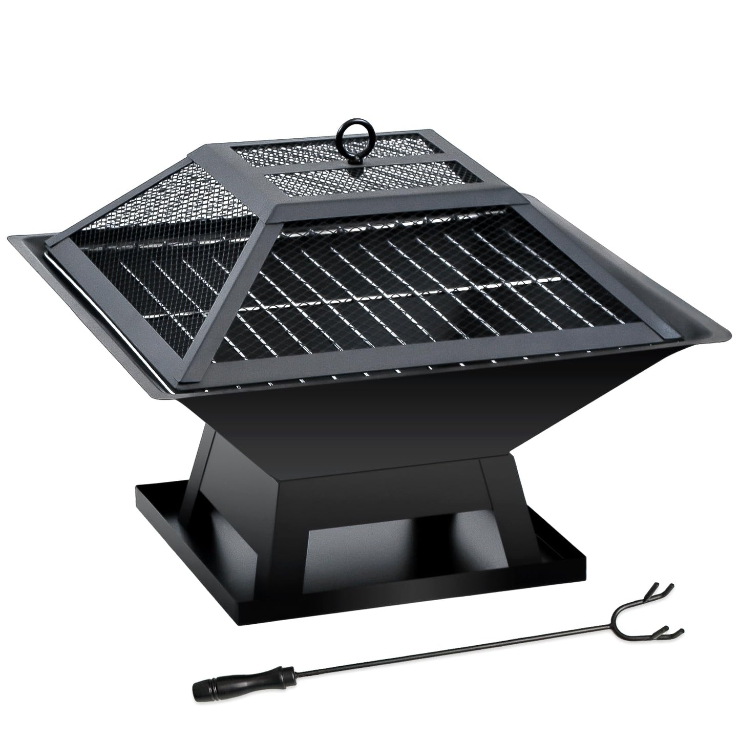 Quilushey 19.8inch Portable Small Fire Pit with a Removable Ash Pan, Fire Poker, Mesh Lid, 2 in 1 Square Outdoor Fireplace for BBQ, Outside Heating, Bonfire Party, Camping, Backyard, Patio, RV Trip