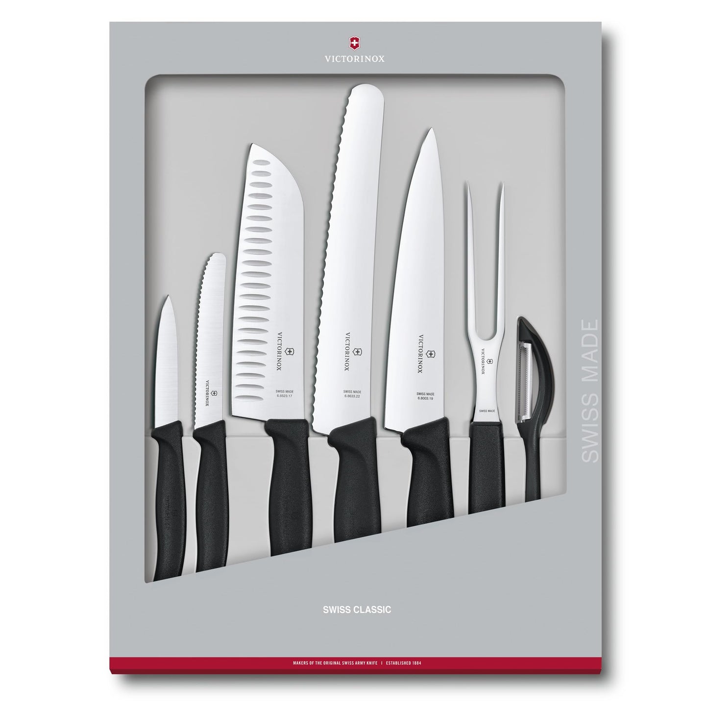Victorinox Swiss Classic Kitchen Set - Includes Carving Knife, Santoku Knife, Vegetable Peeler & More - Premium Kitchen Accessories - Black Handles, 7-Piece Set