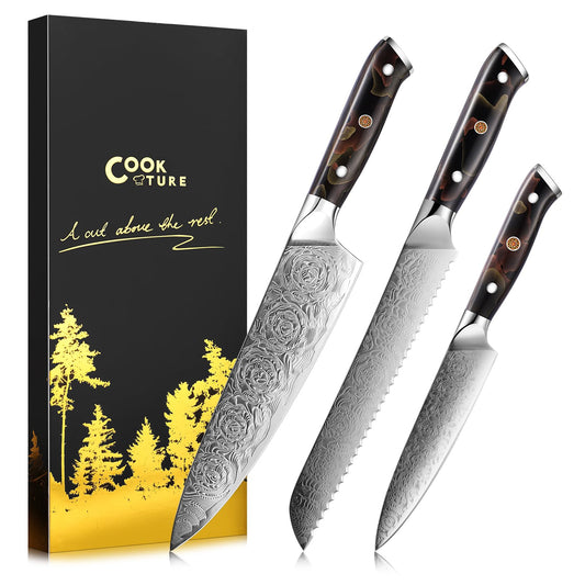 Damascus Chef Knife 3pcs, Professional Japanese Kitchen Knife with High Carbon Steel Core, Ergonomic Resin Handle, Leather Sheath & Luxury Gift Box - Ideal Gift for Men Women