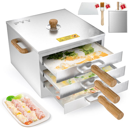 PYY Rice Noodle Roll Steamer Machine - 3 Layers 4 Trays Cantonese Cheung Fun Machine，Anti-scalding Handle Changfen Maker for Commercial and Home, Extra Stainless Steel Steam Tray and Wooden Handle