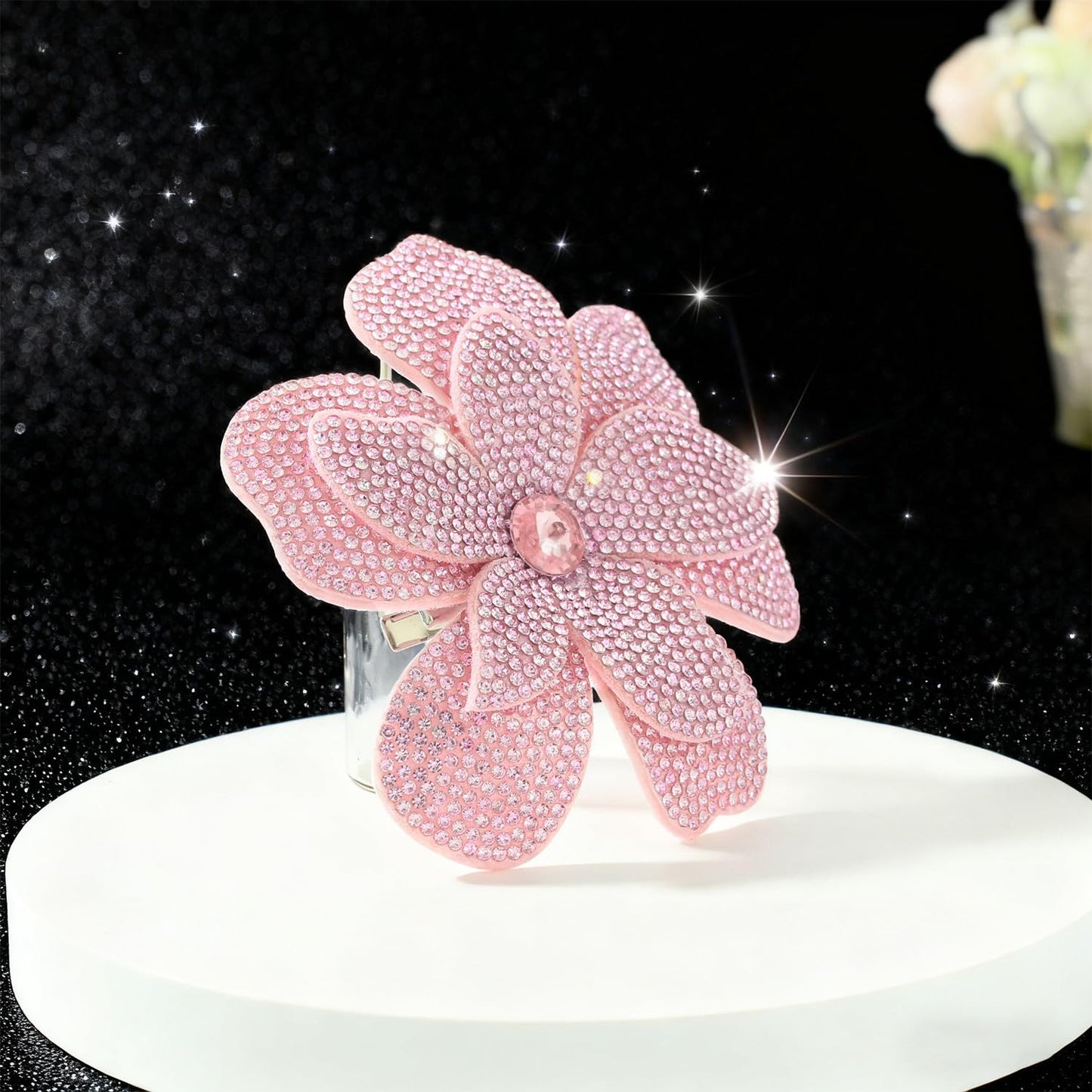 Merdia 3.74 Inches Rhinestone Camellia Flower Brooch Pins & Hair Clips for Women Elegant Created Crystal Lapel Pin Brooches Wedding Party Pink