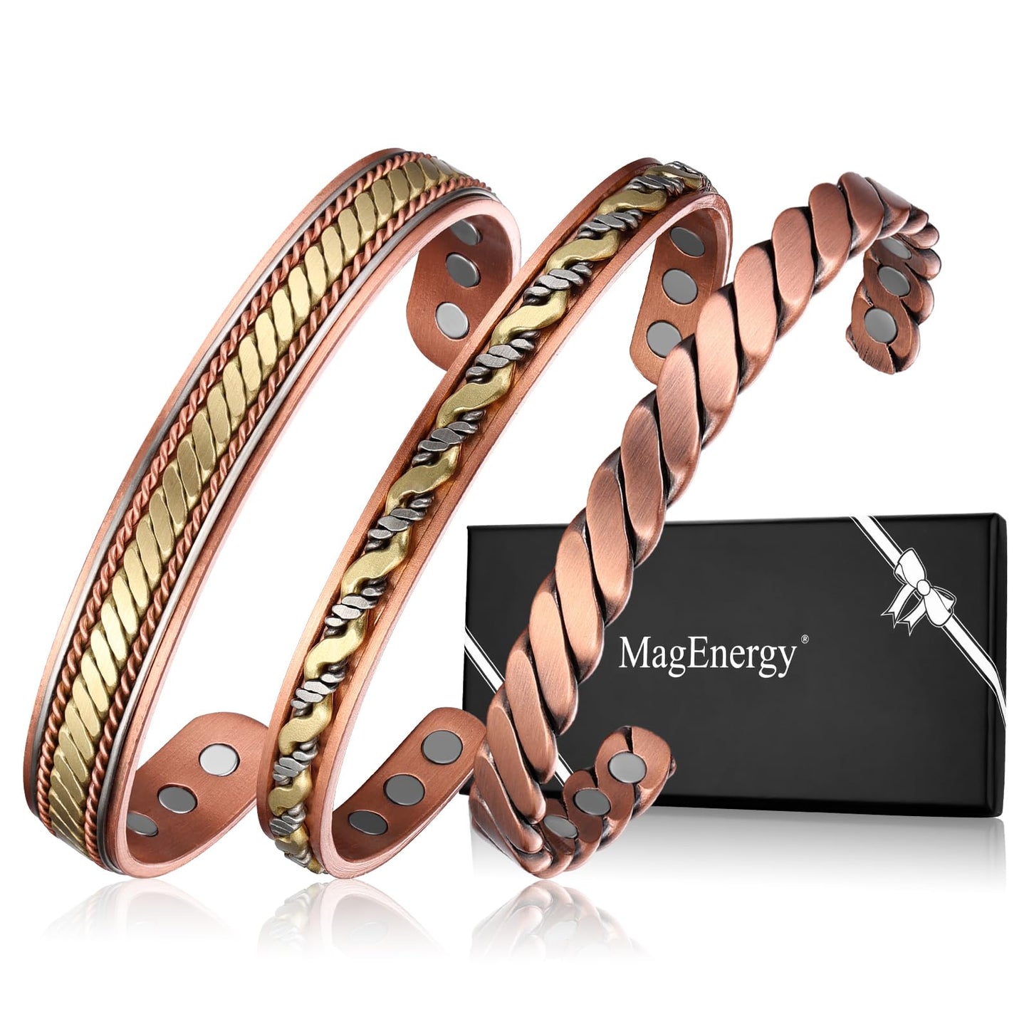 MagEnergy Copper Bracelets for Women Men, Set of 3 Pcs, Magnetic Therapy, Handmade 99% Copper Cuff Bracelet, Jewelry Gift Box
