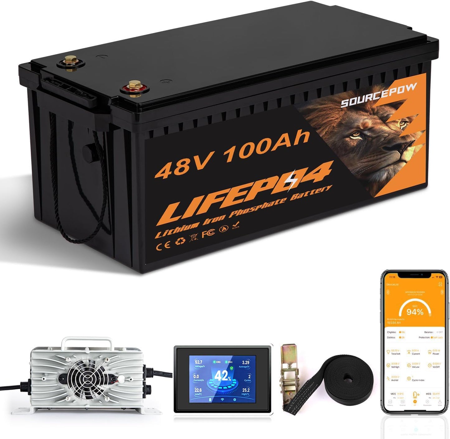 48V(51.2V) 100Ah LiFePO4 Lithium Golf Cart Battery, Built-in Smart 200A BMS with Touch Monitor and 18-Amp Charger, 1000A Peak Current, Max 10.24kW Power Output, Perfect for Golf Carts, Solar