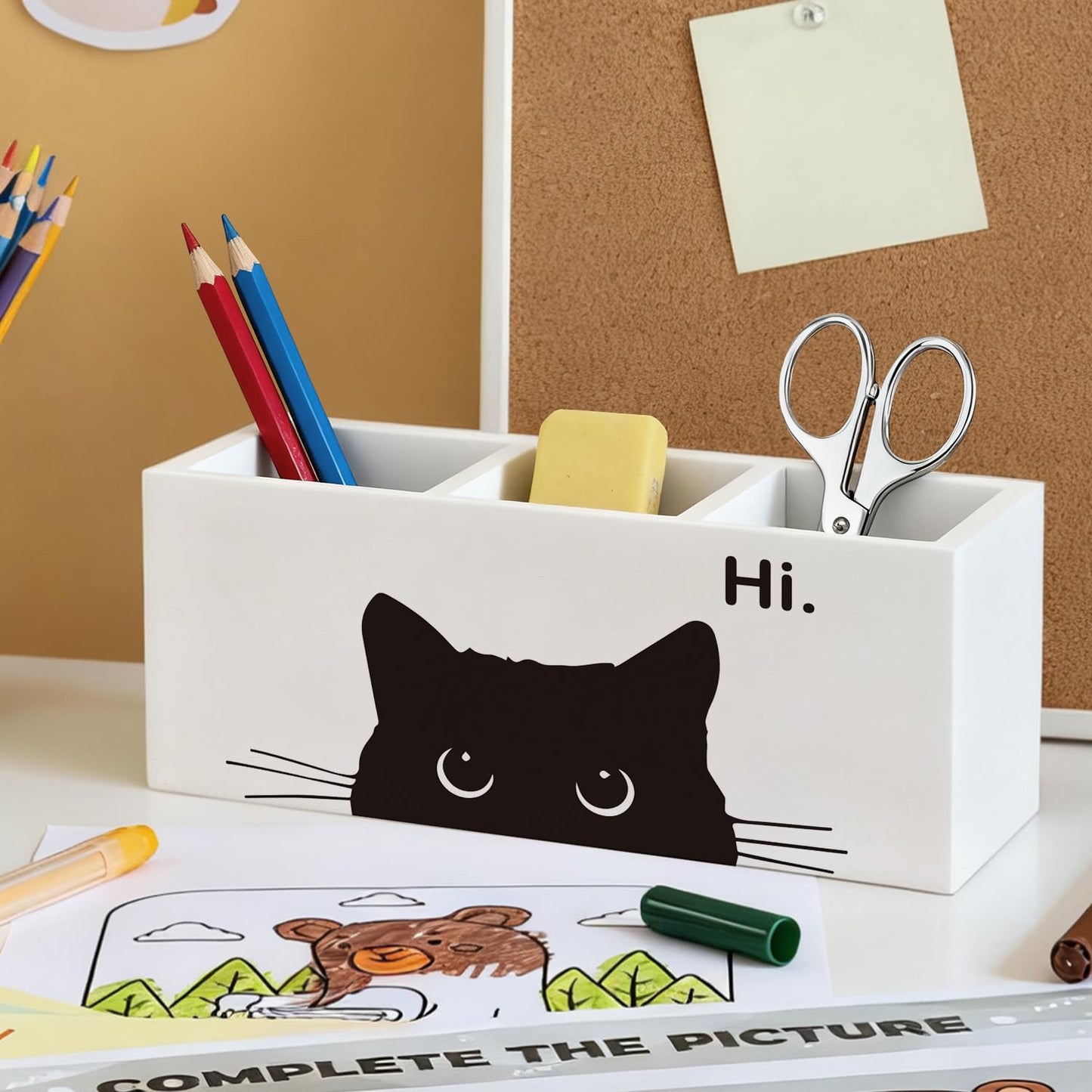 ELMCH Hi Black Cat Pen Pencil Holder Organizer for Desk, Black Cat Mom Lady Lovers Owner Gifts, Personalized Wooden Box Sign Desk Decor for Home Office Library Accessories