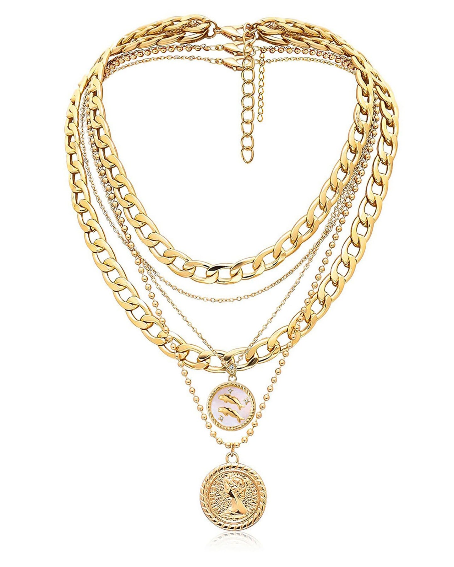 MJartoria Gold Layered Necklaces for Women Trendy Retro Coin Pendant Necklace Dainty Chunky Chain Choker Necklaces for Jewelry Birthday Gifts (Gold, Zodiac-Pisces-3PCS Layered)