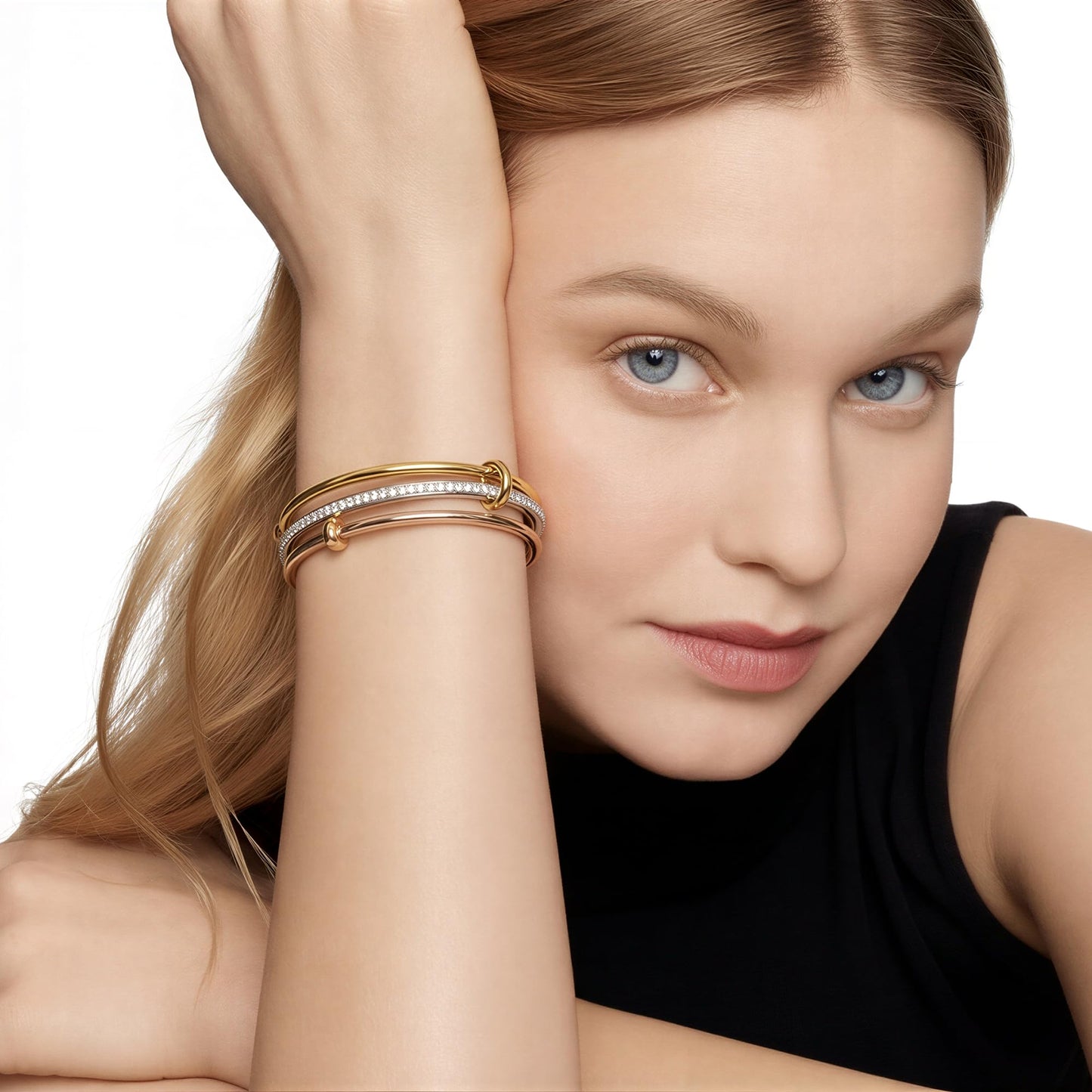 Musishiyu Gold Bracelets for Women Stacking Bangle - 18K Mixed Metal Tri-Color Rolling Interlocking Bands, Cubic Zirconia Fidget Anxiety Jewelry, Perfect Gifts for Mom Wife Grandma