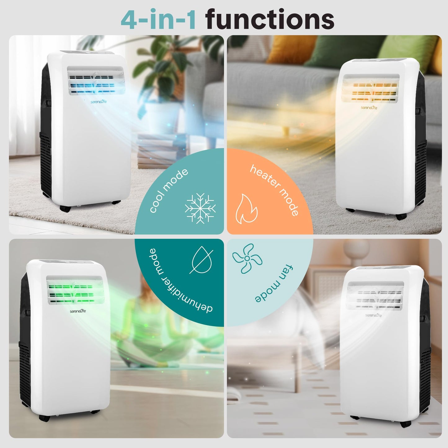 SereneLife Portable Air Conditioner with Heat & Built-in Dehumidifier 12,000 BTU, Portable Heater & AC for Rooms up to 550 Sq Ft - Remote Control & Window Mount Exhaust Kit Included
