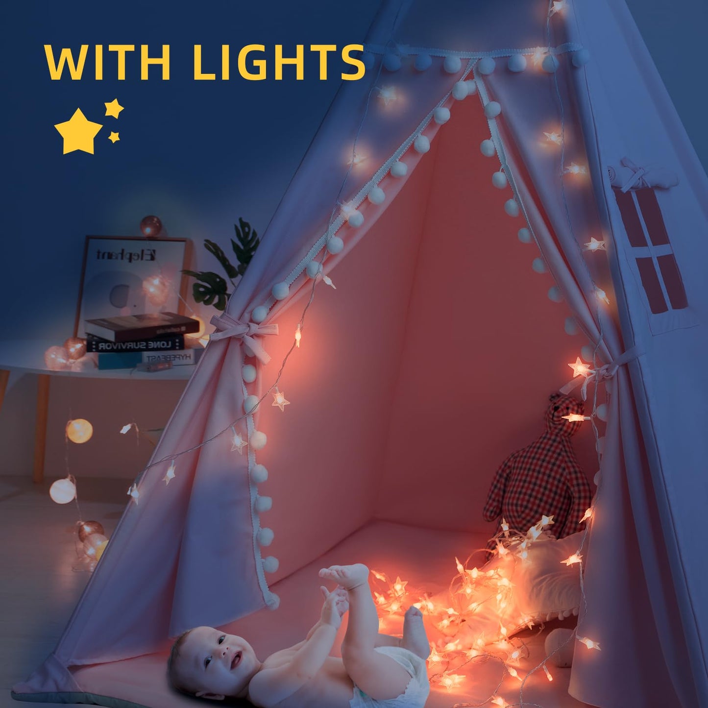 RONGFA Teepee Tent for Kids with Mat, Star Lights, Carry Case, Cotton Canvas Playhouse, Foldable Tents, Portable Children Play Tent Indoor Outdoor (Pink)