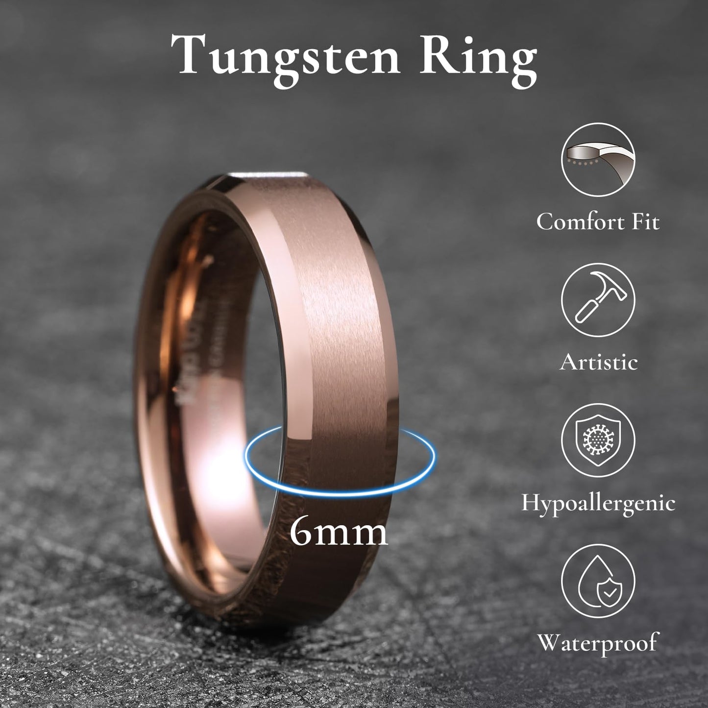 King Will Brown Basic Tungsten Rings For Men 6mm Wedding Band Polished Edge Brushed Matte Promise Ring Comfort Fit, Size 8