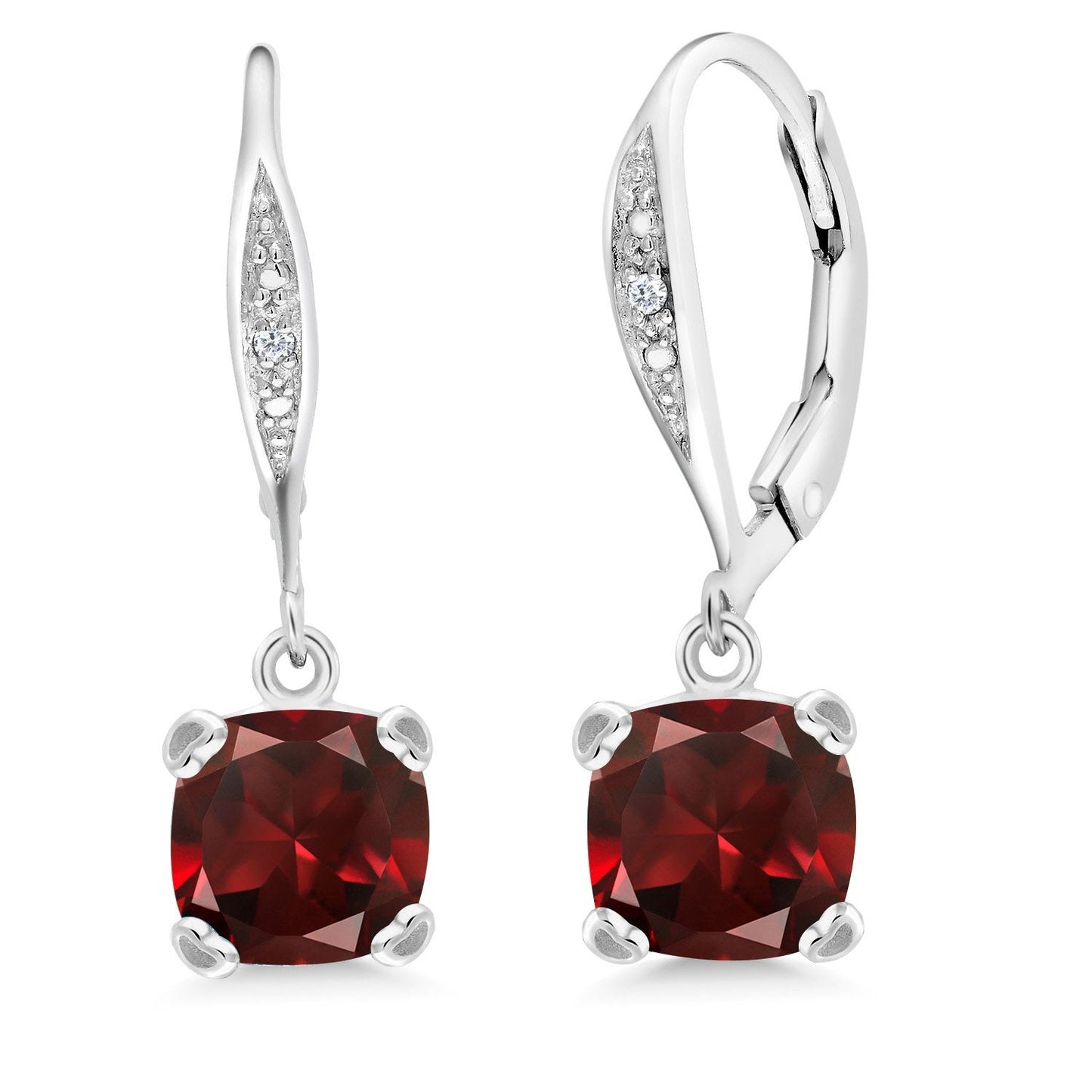 Gem Stone King Drop Dangle Earrings For Women | 7MM Cushion Cut Gemstone Birthstone and Diamond | 925 Sterling Silver | Jewelry Gift for Mom Wife Her | Garnet-January | Sterling Silver