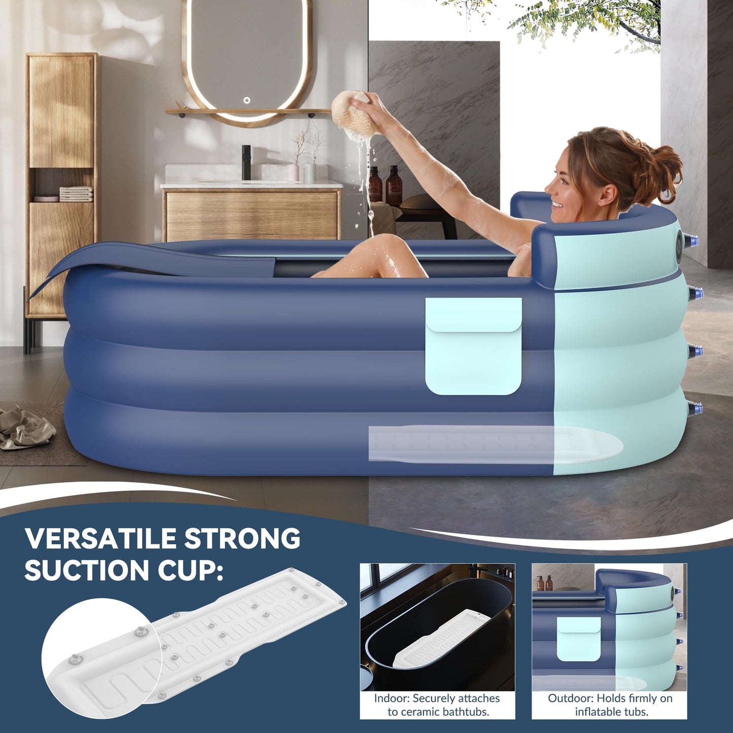 Inflatable Bathtub & Bubble Spa Mat- Portable Hot Tub for Adults, Equipped with a Bubble Math Mat for Massage, Fits Any Bathroom, Foldable Design for Renters/Apartments (65"x33"x26" 220lb)