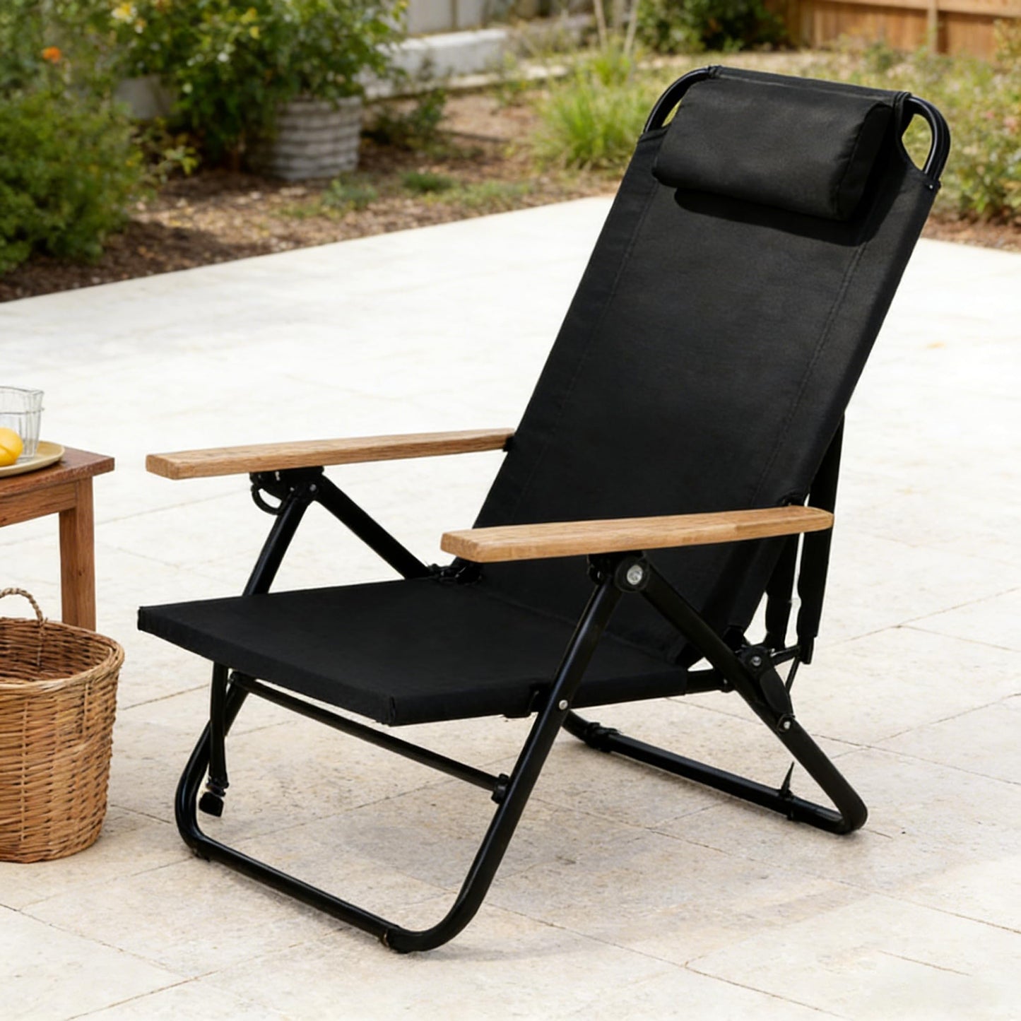 Canpsky Premium Portable Camping Chair 5-Position Recliner Beach Folding Lightweight Outdoor Chair with Wooden Armrests, Headrest, Multi-Pockets Heavy Duty 350lbs, for Patio, Backyard, Night Black