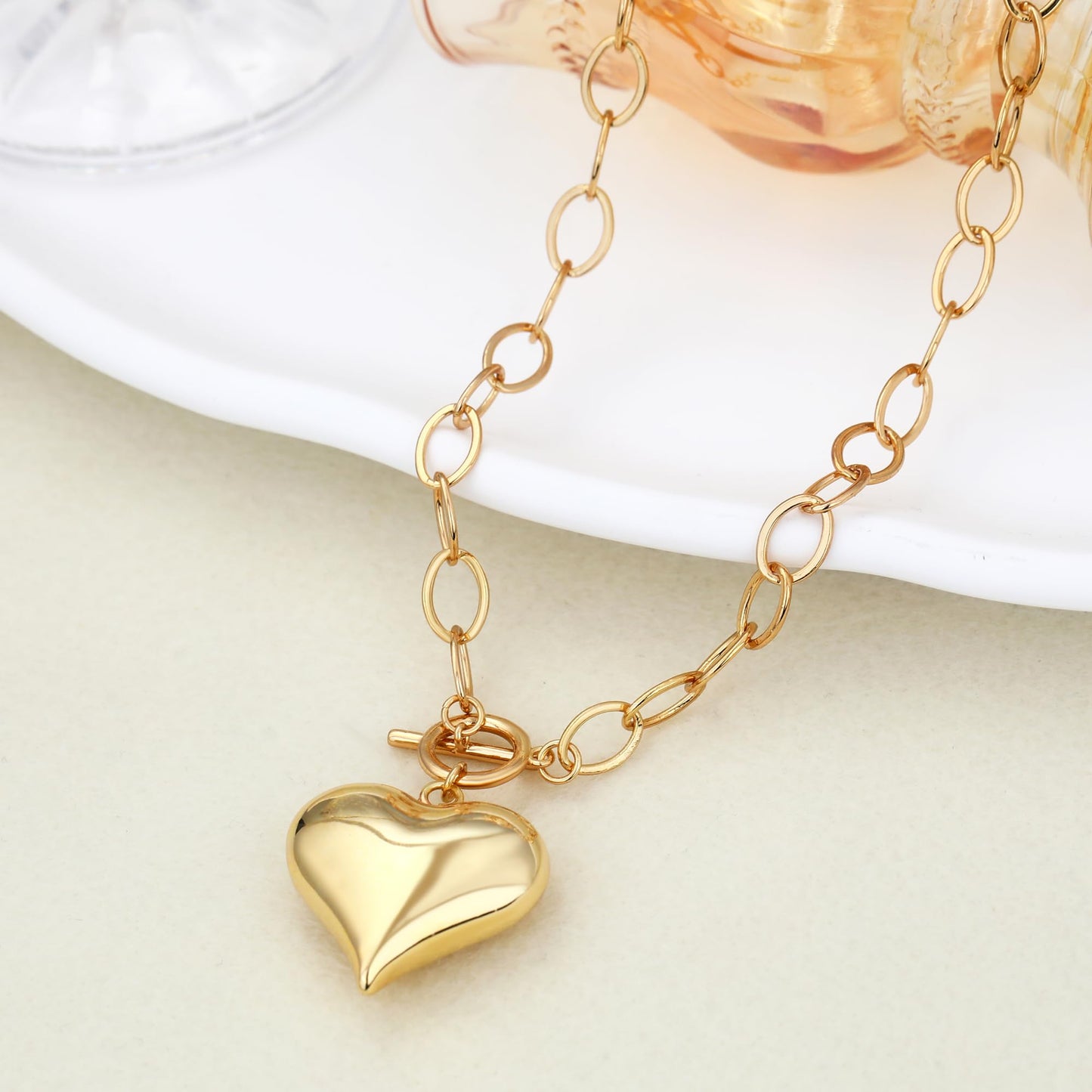 BONJOULRY Chunky Gold Bubble Heart Charm Toggle Necklace for Women, Gold Statement Thick Paperclip Link Chain Puffy Heart Pendant Choker Necklaces for Women Trendy Jewelry Cute 25MM