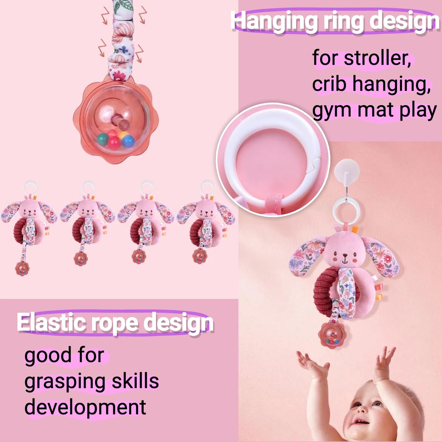 chochumy Baby Spiral Car Seat Toys for Babies 0-6 Months Girl, Stroller Hanging Stuffed Animal Carseat Crinkle Rabbit Toy 0-3-4-5-7-8-9-12 Month, Newborn Infant Gifts Easter Basket Stuffers Bunny 3PCS