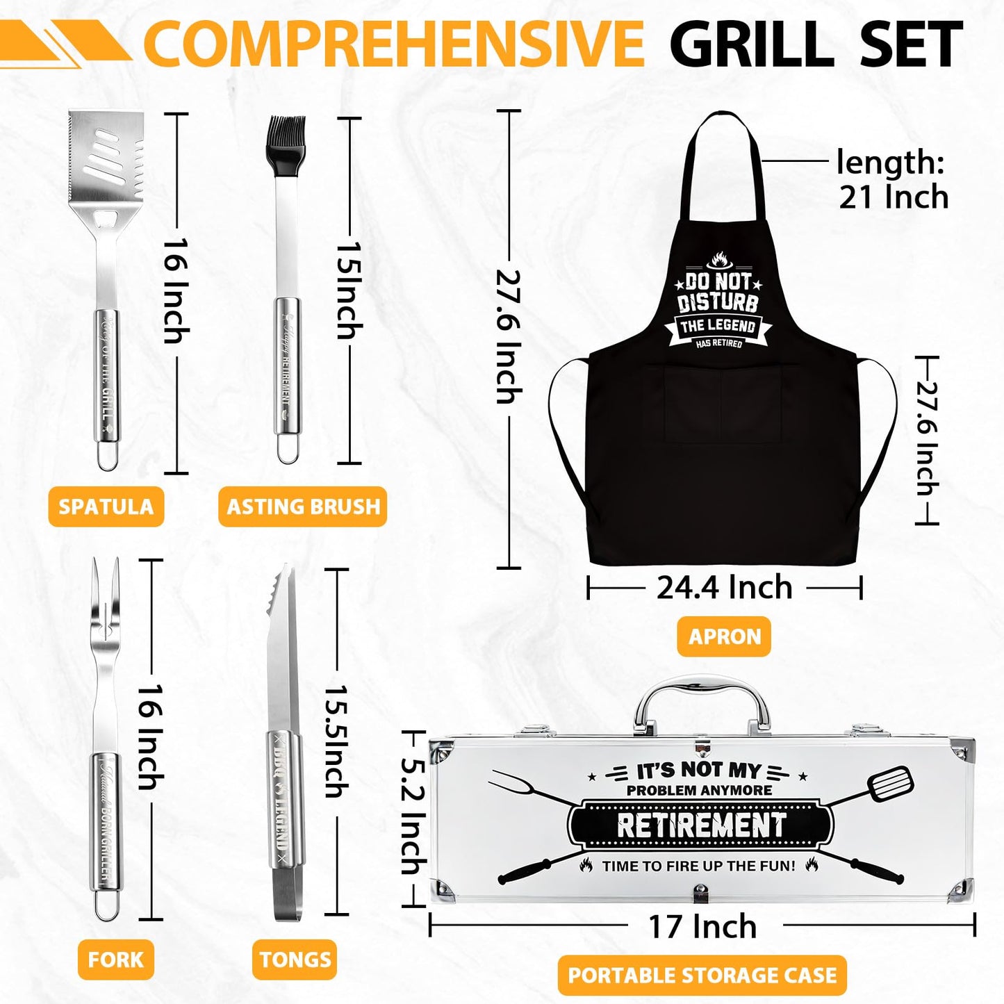 Retirement Gift for Men BBQ Grill Tools Set with Spatula Fork Tongs Brush Apron Heavy Duty Stainless Steel Grilling Accessories in Aluminum Case Retired Gifts for Dad Grandpa Coworker Teacher Boss