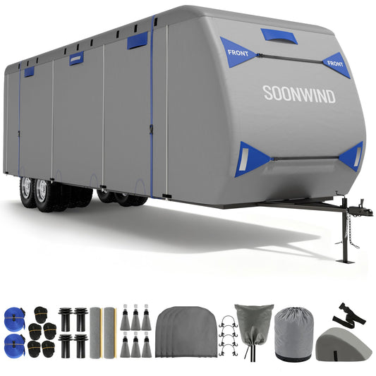 SOONWIND Heavy Duty 7 Layers RV Cover, Camper Cover & Travel Trailer Cover 18-20ft, Waterproof Windproof All-Weather Protection with Tongue Jack Cover, Gutter Covers & Reinforced Straps - Blue