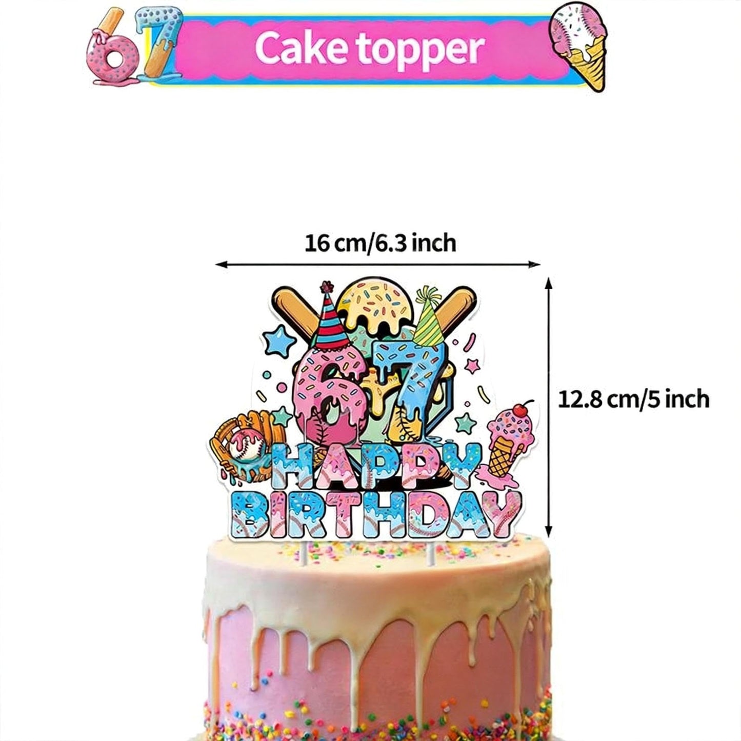 Toplepor 67 Ornament Birthday Decorations, 67 Meme Themed 6 7 Ornament Birthday Party Favors Set Includes Banner, Large Cake Topper, 24 x Cupcake Toppers, 18 x Ballons 6 7 Birthday Decorations