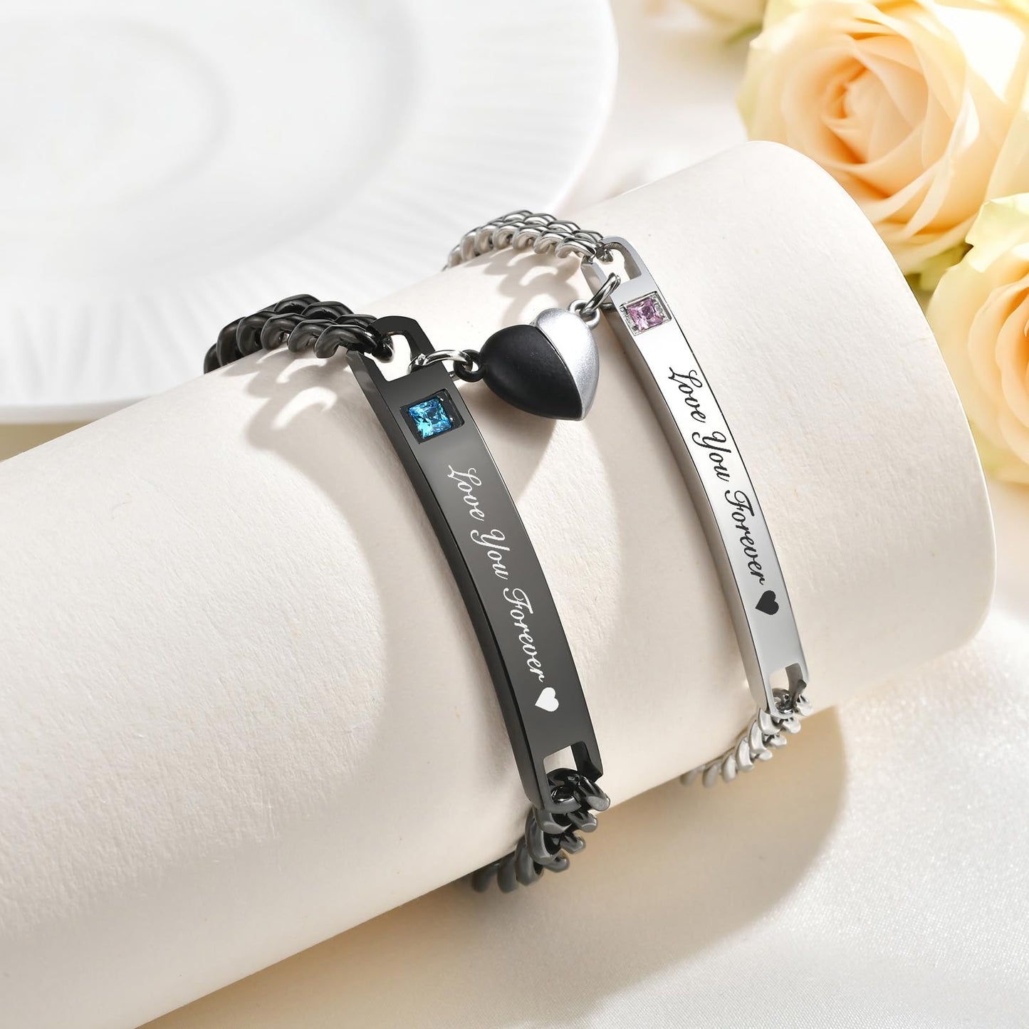 MEALGUET Matching Couple Bracelets for Men Women : Love You Forever Engraved Cuban Link Chain Bracelets Set Jewelry for Boyfriend Girlfriend Husband Wife, Romantic Gifts for Valentines Anniversary