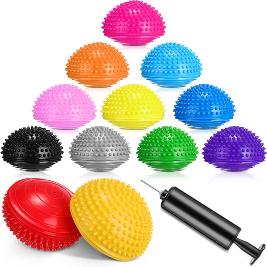 Hungdao 12 Pack Balance Pods Stability Balance Trainer Dots with Needle Pump Half Spiky Fitness Ball Domes for Men Women Stability Training, Physical Therapy, Core Strength Gymnastics Home Exercise
