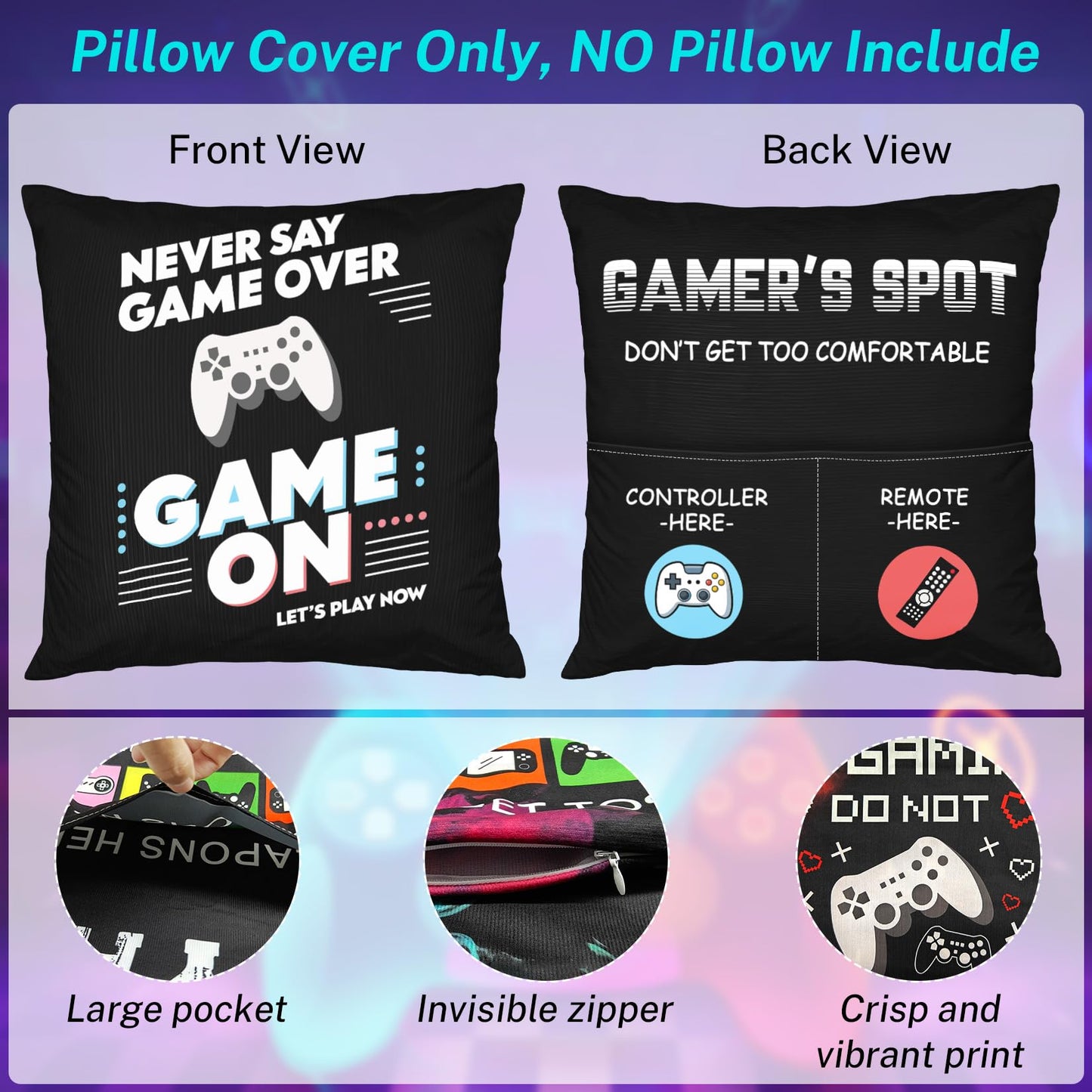 Bebomne Gamer Gifts for Teenage Boys Men, Gaming Accessories for Room, for Gamers, Game Room Decor, Gaming Pillow Case and Gaming Socks for Teen Boys Men Son Husband Boyfriend (black-2pocket 1)