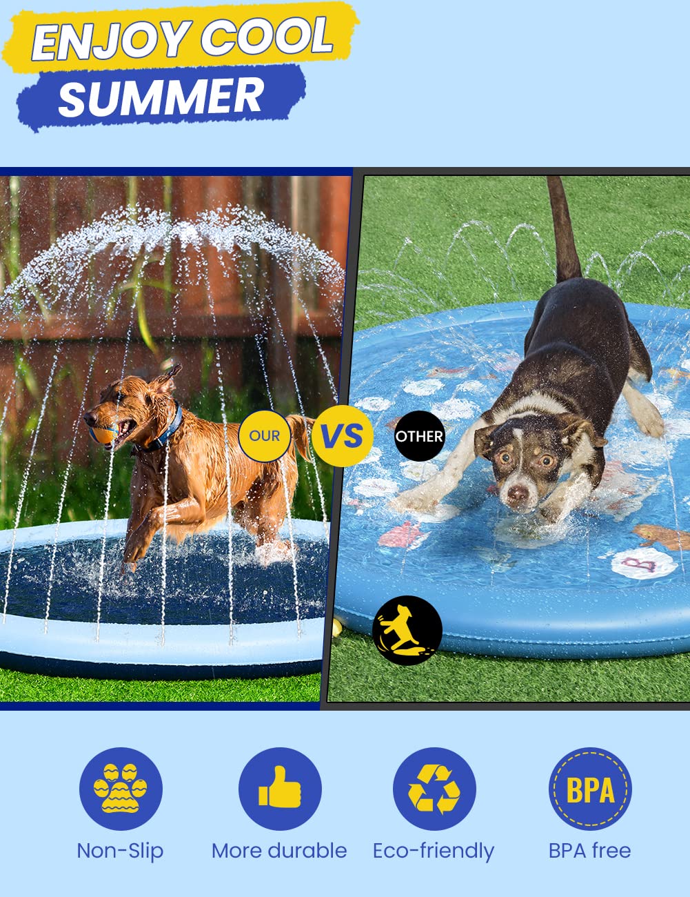 PETOCAT Splash Pad Non-Slip Dogs Cool Sprinkler Pool Extra Large Splash Pads for Kids Dog Baby Wading Pool Summer Outdoor Play Water Fun Toy Gift Easy to Use/Clean 87 inch