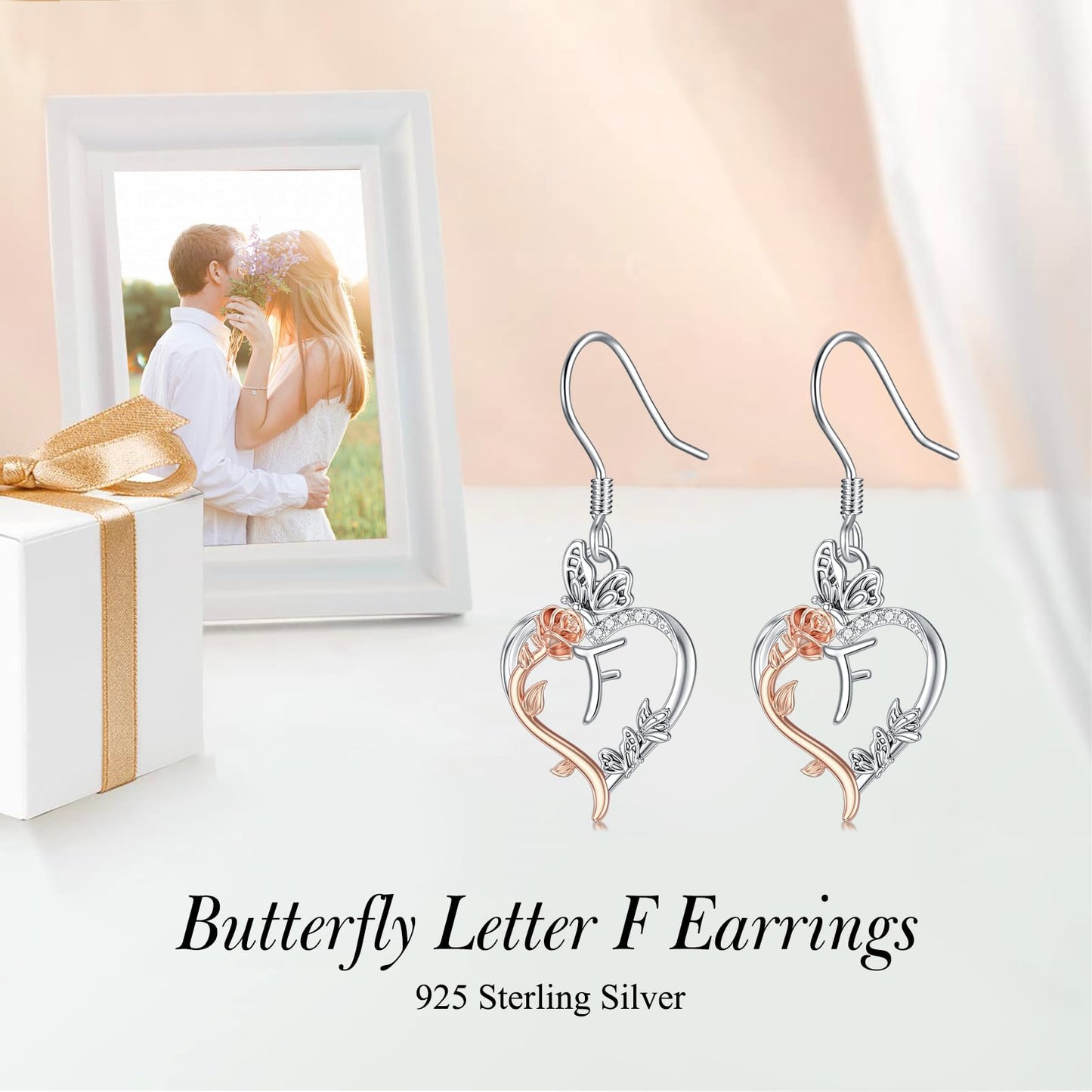TOUPOP Rose Heart Initial Earrings Sterling Silver Butterfly Earring Initial F Letter Drop Dangle Earrings Jewelry Anniversary Birthday Mothers Day Gifts for Women Mom Wife Girlfriend Her