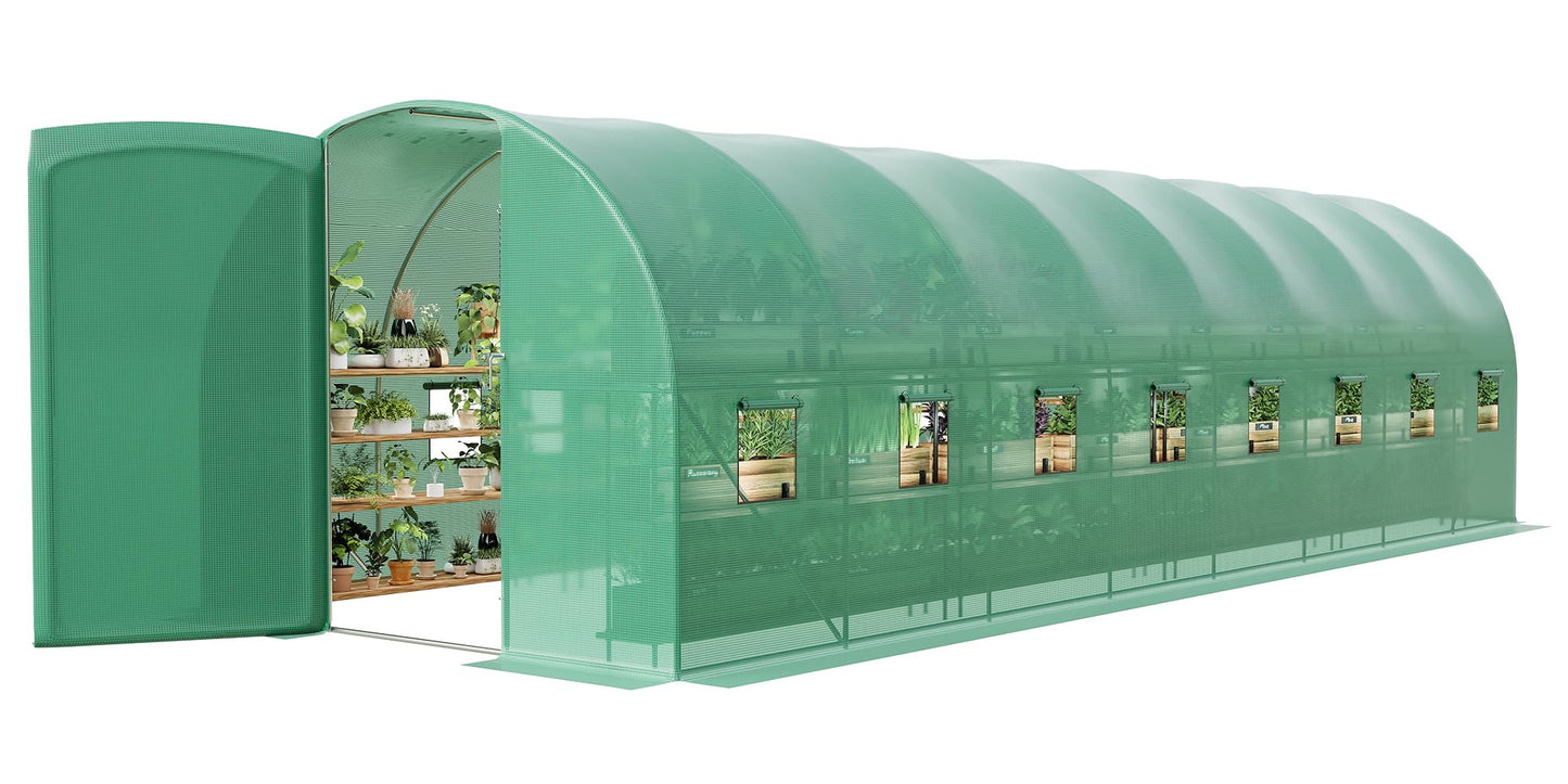 Large 27x10x7 FT Outdoor Walk-in Greenhouse with Swing Door, 16 Mesh Windows, Heavy-Duty Galvanized Steel Frame and Thick PE Cover, Green Garden Plant House for Backyard Gardening